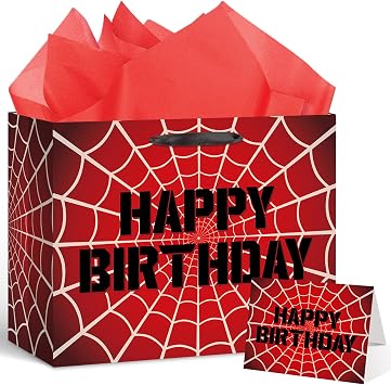 MOORIIY Red Black Spider Birthday Gift Bag with Greeting Card and Red Wrapping Paper, Halloween Spider Webs Birthday Gift Wrapping Paper Bag, for Men Kids Baby Shower Party Decor Supplies