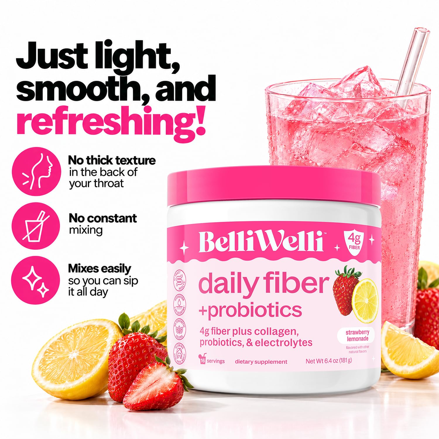 Belli Welli Fiber Supplement Powder with Prebiotics for Digestive Health and GLP-1 Support, Soluble Fiber for Gut Health & Debloat, Keto, Gluten Free, 30 Servings (1 Pack) Strawberry Lemonade — Amazon image 3