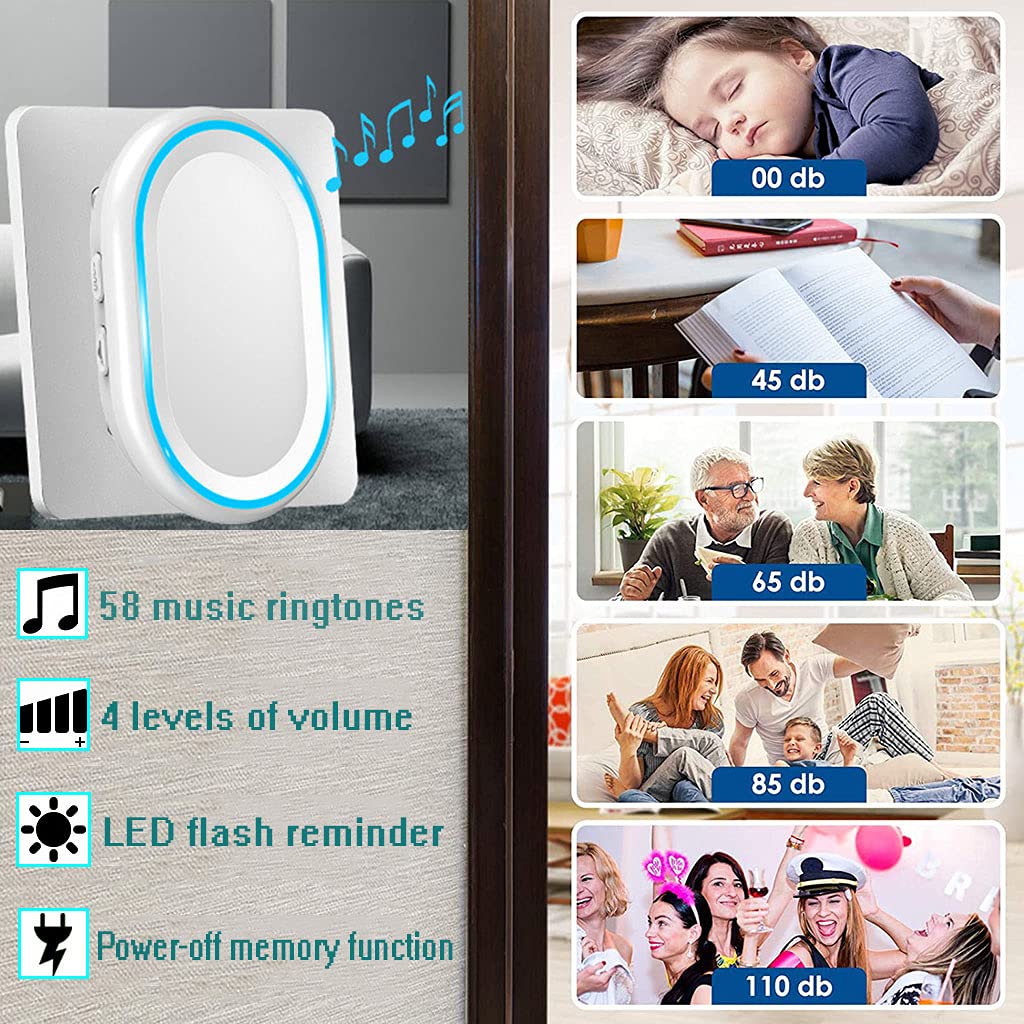 Timbre Inalámbrico, Kit De Timbres De Puerta Inalámbricos Enchufables De Pared A Prueba De Agua con Alcance De 1000 Pies, 58 Melodías Y Volumen De 4 Niveles, 2 Transmisores 3 Receptores,Blanco