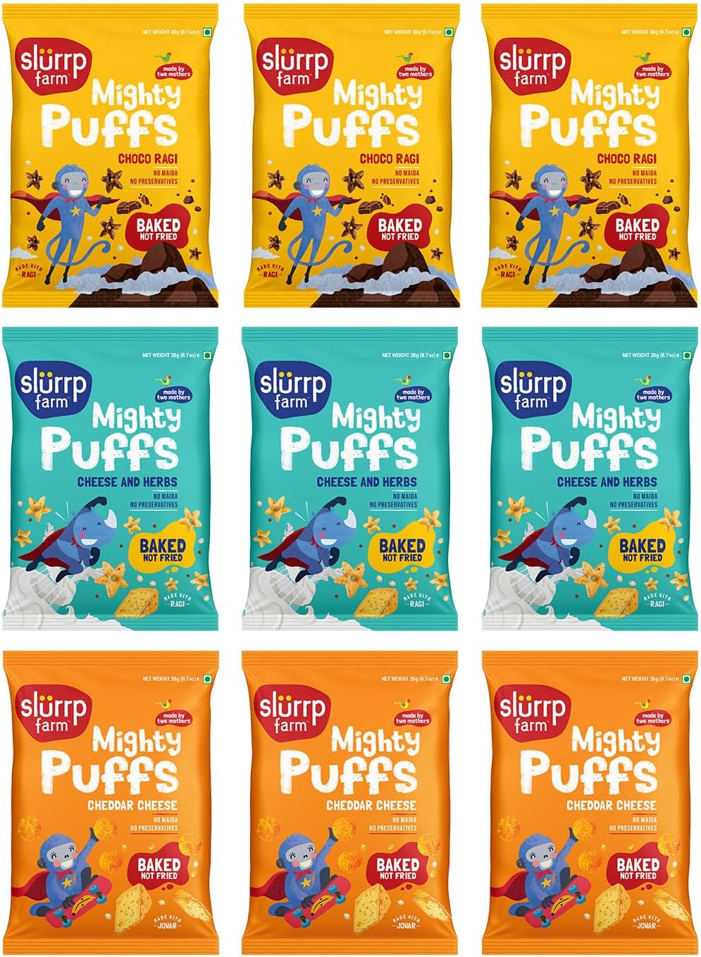 Slurrp Farm Mighty Jowar Puffs | Khatta Meetha, Mild Masala and Cheddar Cheese | Not Fried, No Maida | Healthy Snacks for Kids, School Tiffin and Travel-Friendly | 9 x 20g packs