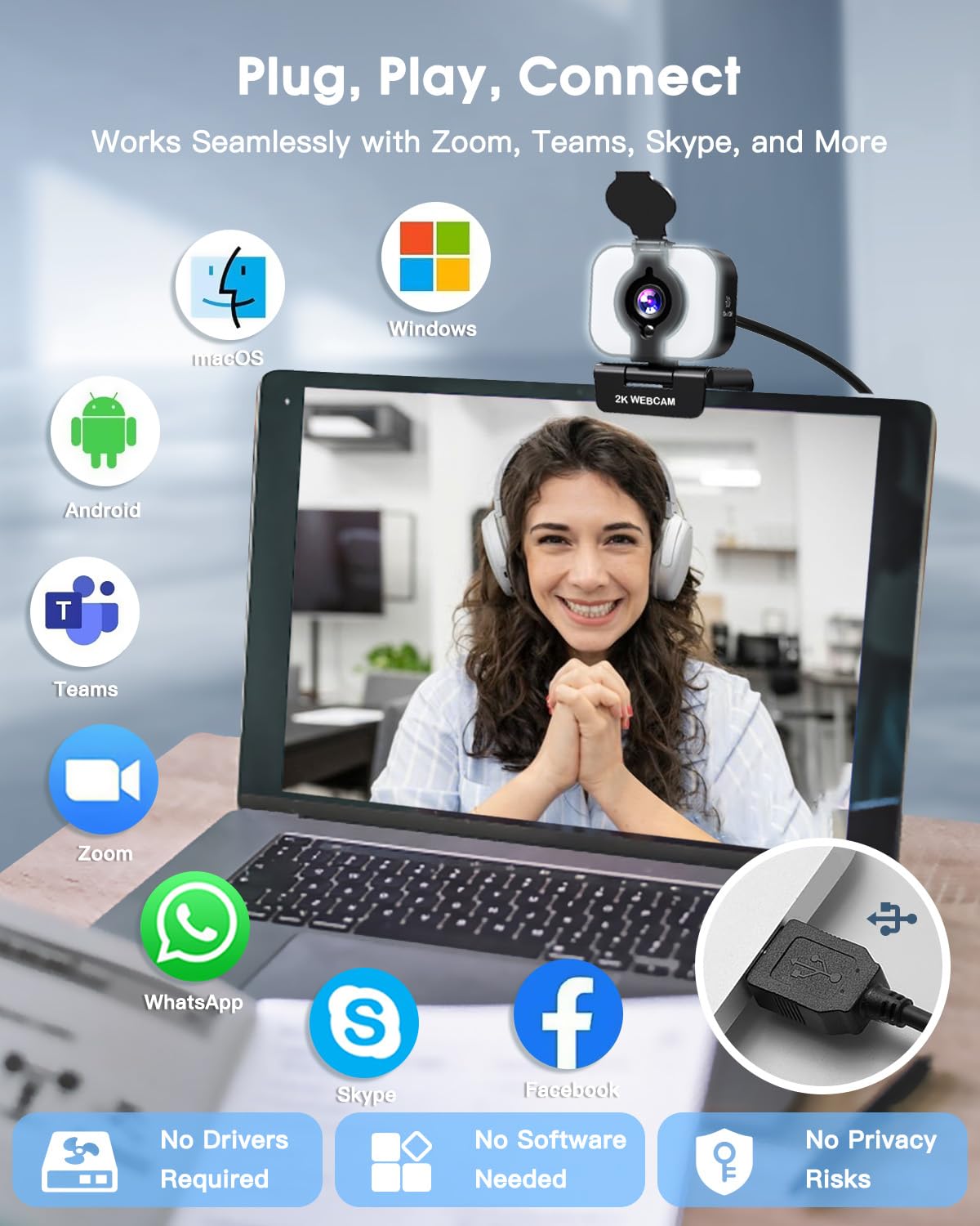 MELCAM Webcam 2K per PC, webcam con microfono, luce, copertura privacy, messa a fuoco automatica Plug and Play, fotocamera USB per computer portatile, desktop, PC, Mac, Zoom, Skype, riunioni