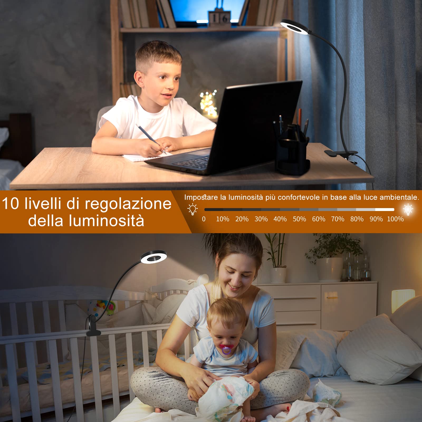 iZELL Lampada da Lettura 23 LED con Caricatore USB Lampada con Pinza-3 Colore e 10 Luminosità, Blocca 99.99% della Luce Blu Lampada Scrivania con Morsetto per Libro, Lavoro, Letto, Tavolo-40CM