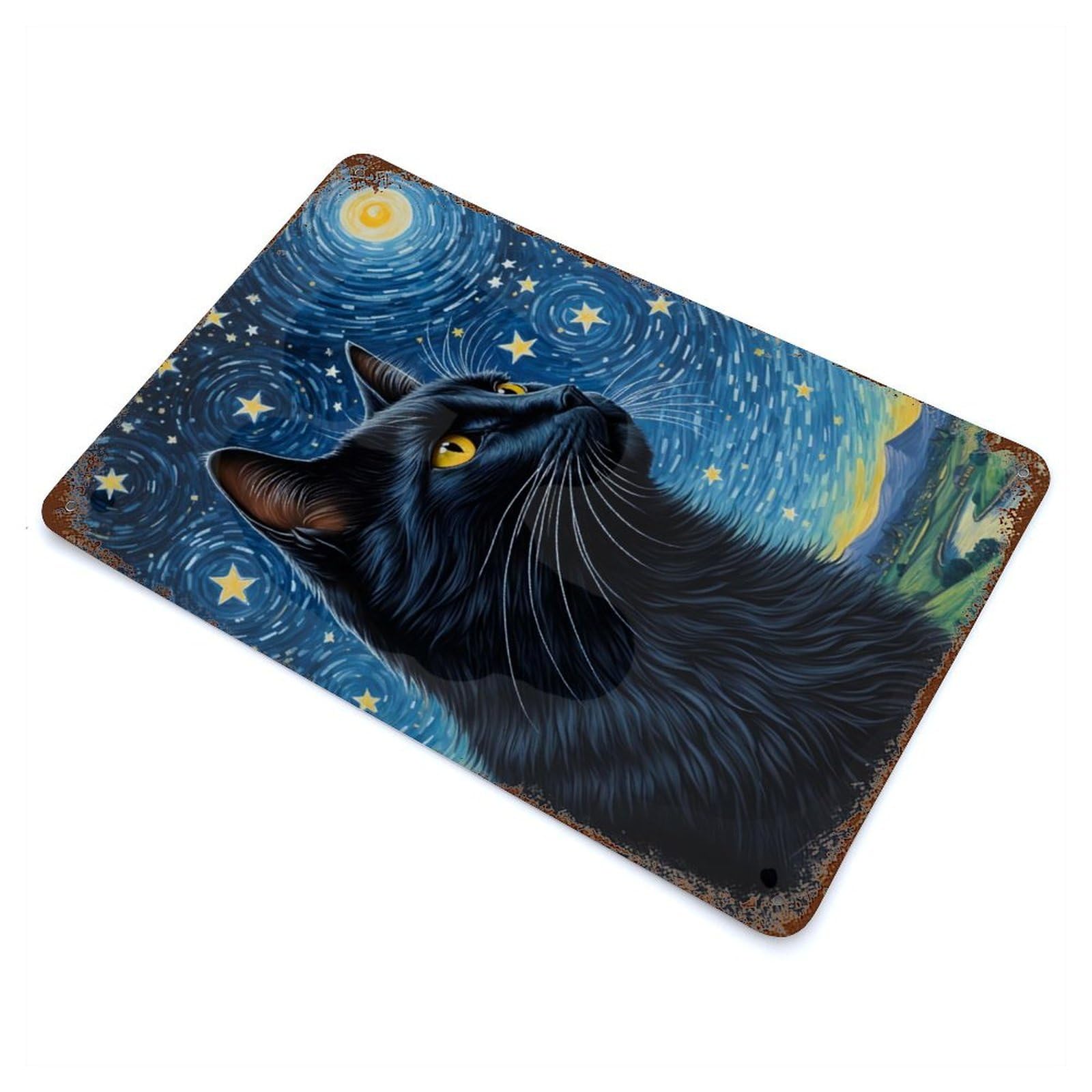 Black Cat Starry Night 11.8"x7.9" Aged Metal Wall Plaque, Classic Wall Plaque for Basement, Hobby Room And Garage Decor