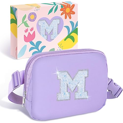 COSHAYSOO Purple Belt Bag Crossbody Initial Fanny Waist Pack Travel Mothers Day Birthday Graduation Gift Idea for Her Daughter Teen Girls Age 7 8 9 10 11 12 13 Trendy Preppy Girly Stuff Letter M