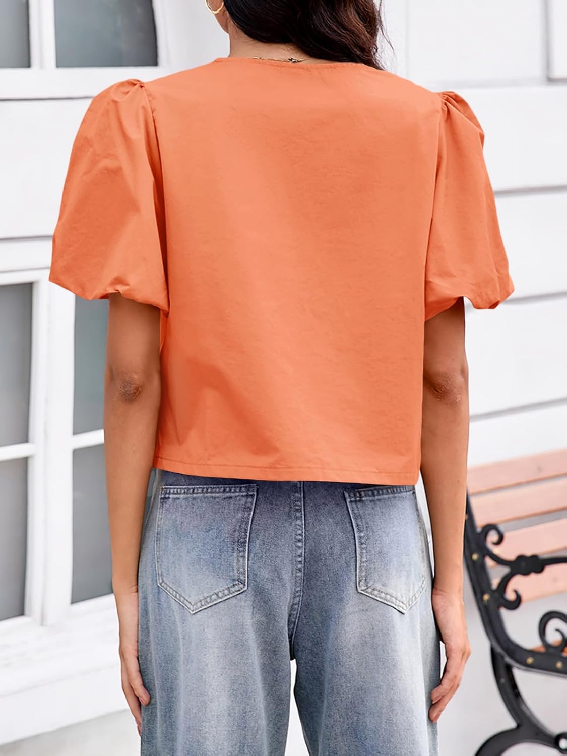 Tankaneo Womens Cropped Tops Puff Sleeve Button Down Shirts Trendy Casual Loose Fit Cute Blouse - Image 5