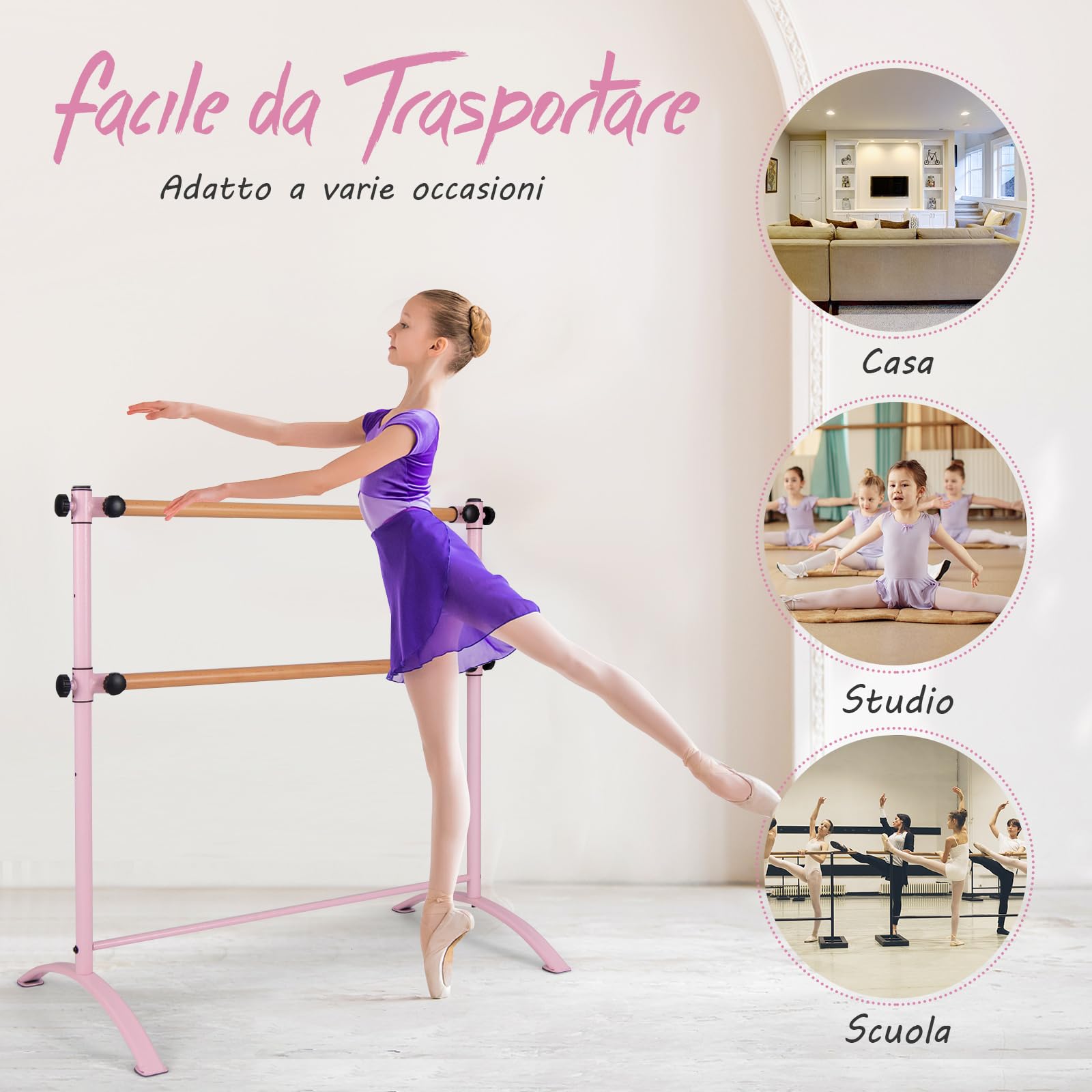 COSTWAY Sbarra Danza Classica Portatile per Bambini ed Adulti, Barra per Balletto Regolabile in Altezza per Stretching, Danza Classica e Allenamento, Ideale per Palestra e Casa