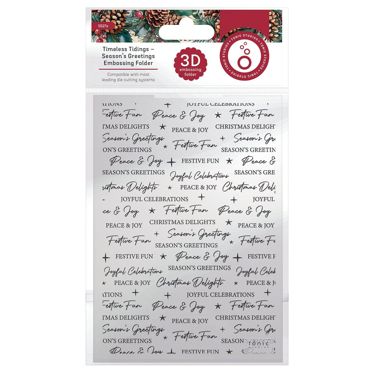 Tonic Studios Holiday Collection 3D Embossing Folder - Timeless Tidings Season's Greetings - 5" x 7" - Card Making Supplies for Journaling, Scrapbooking and Paper Crafts, White