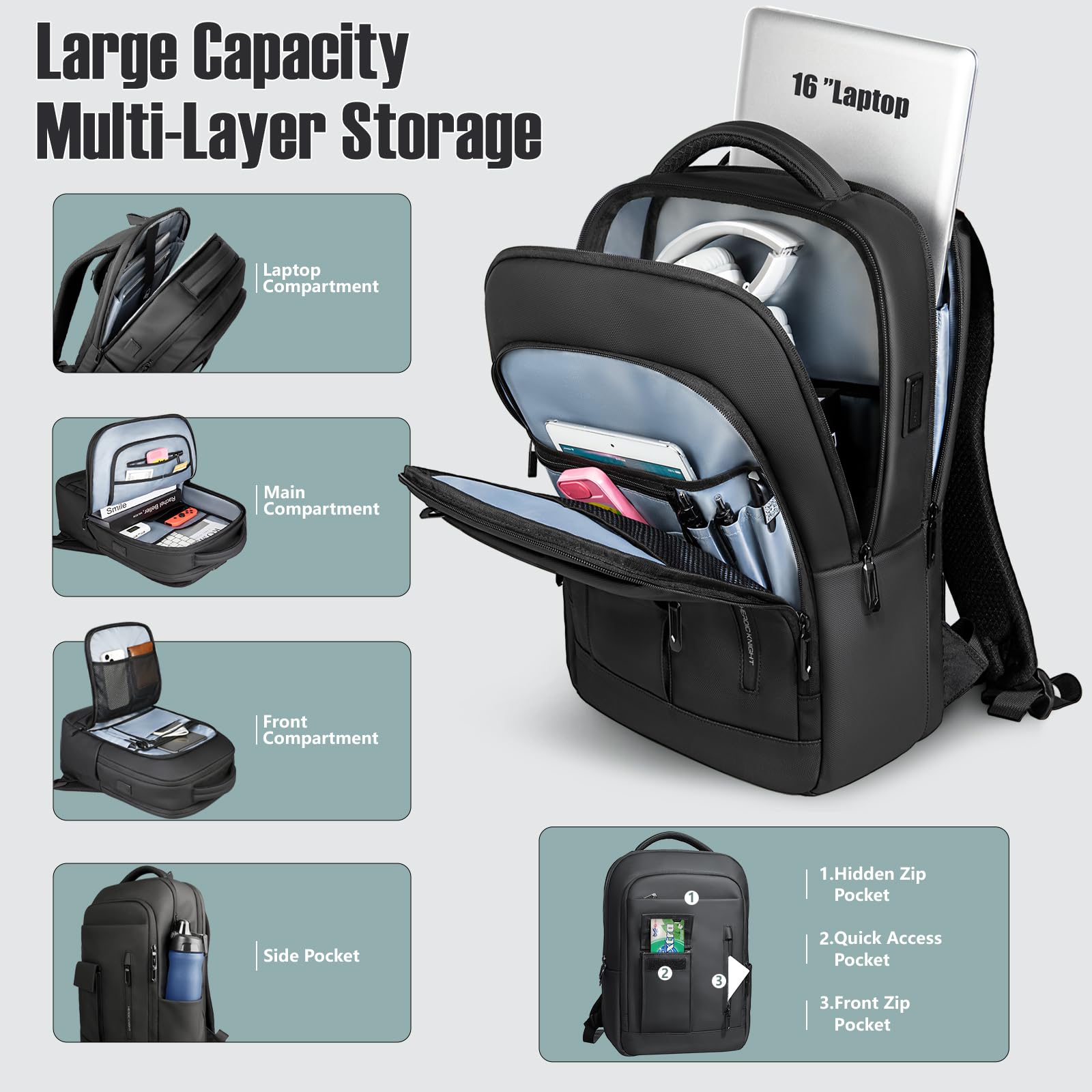 Sac à Dos pour Ordinateur Portable 16 Pouces Homme, Affaires et Voyage, Imperméable, Antivol, Léger, avec Port USB, Idéal pour Bureau, Université et École, Capacité Ajustable 24-28L