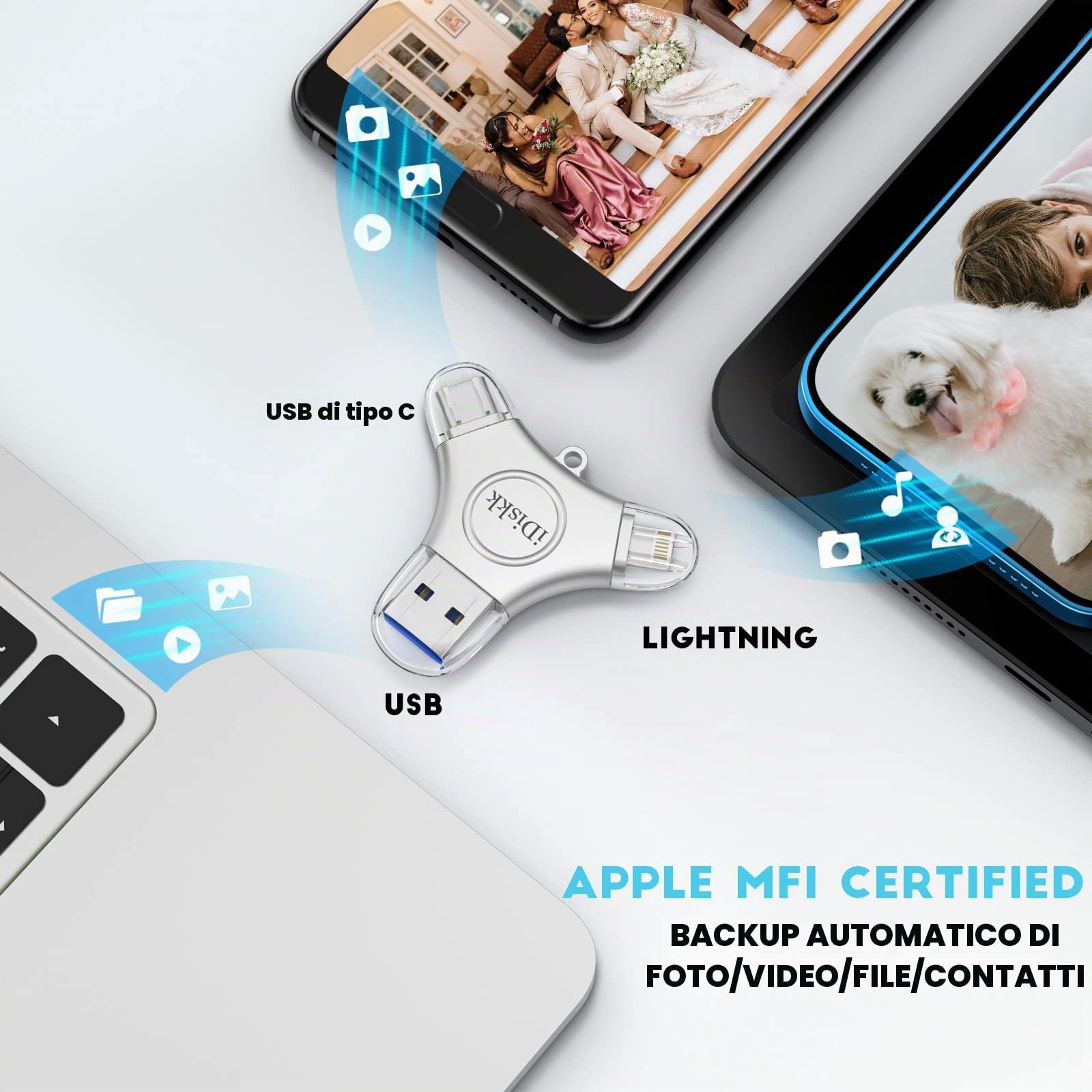Chiavetta USB Lightning per iPhone,3 IN 1 TYPE-C 128G certificata IDiskk MFi Memory Stick esterna per iPhone/iPad Funziona con PC iOS Mac e cellulari TYPE-C