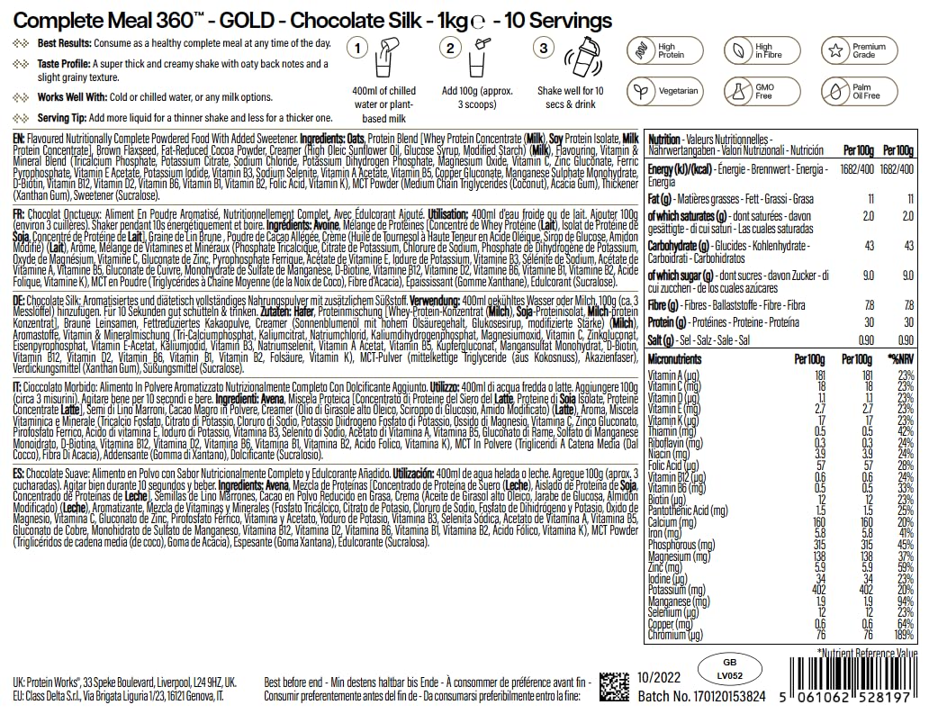 Protein Works | Complete Meal 360 - Gold, Chocolat Onctueux, 1kg | Substitut de Repas, Riche en Protéine & Fibres, Nutritionnellement Complet, 165 Bienfaits, 24 Vitamines & Minéraux, Oméga 3