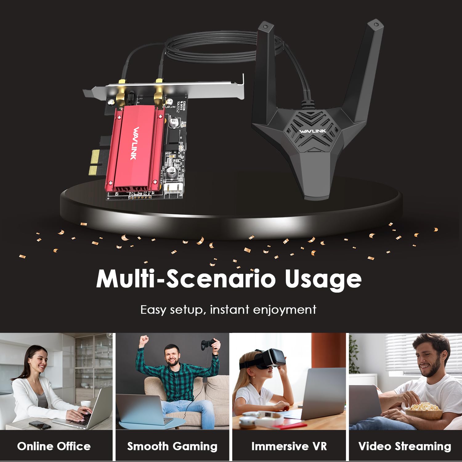 WAVLINK AXE5400 Carte réseau WiFi 6E PCIe Tri-Band AX210 Adaptateur sans fil avec Bluetooth 5.3, MU-MIMO, WPA3, OFDMA, support à profil bas, dissipateur de chaleur, pour PC Windows 10/11
