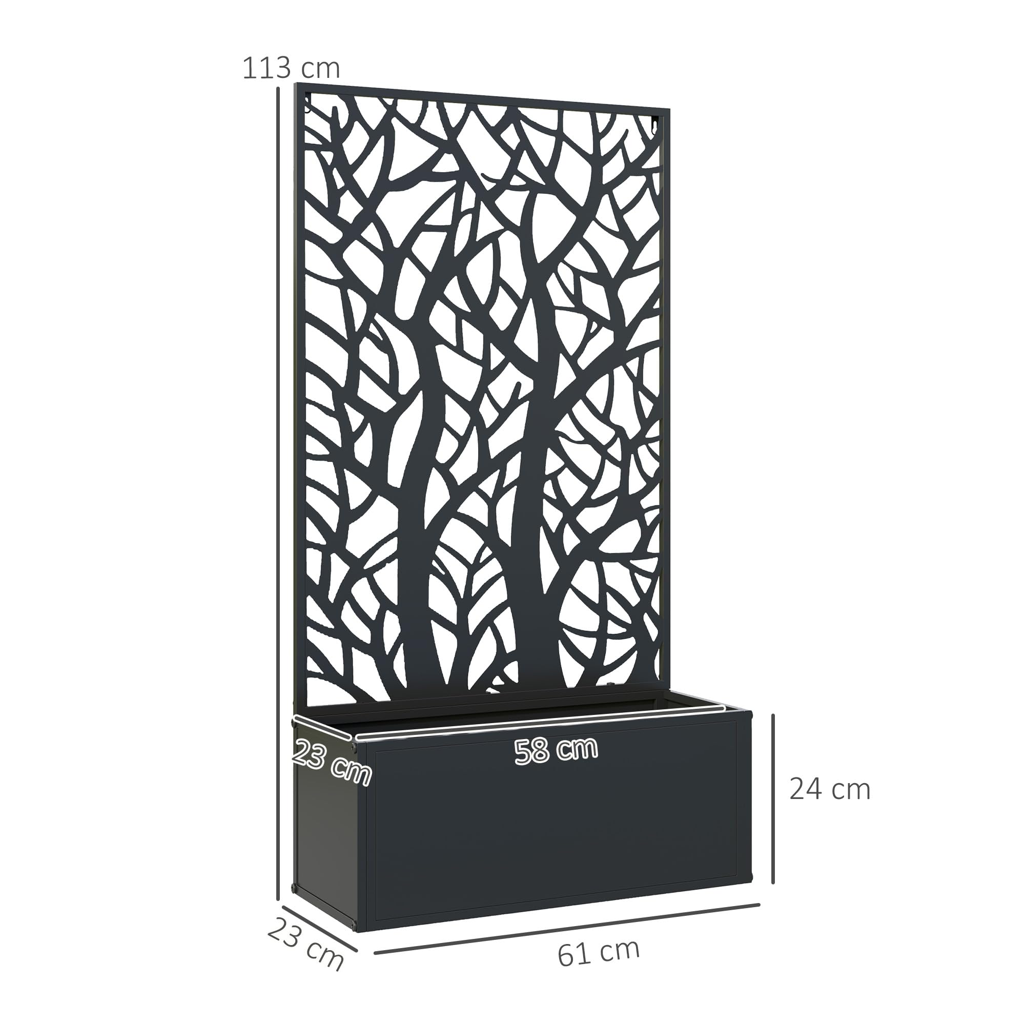 Outsunny Grande fioriera in metallo per esterni Foglie decorative Schermo per la privacy da parete o fioriera indipendente per terrazza 61x23x113 cm Nero