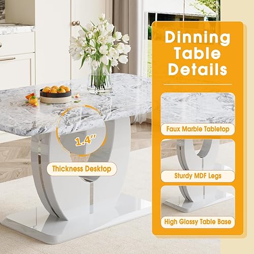 Miniatura 7 de JUFU Juego de 4 mesas de comedor modernas para 4, juego de mesa de comedor de mármol sintético gris para 4, 63 sillas rectangulares de mesa de