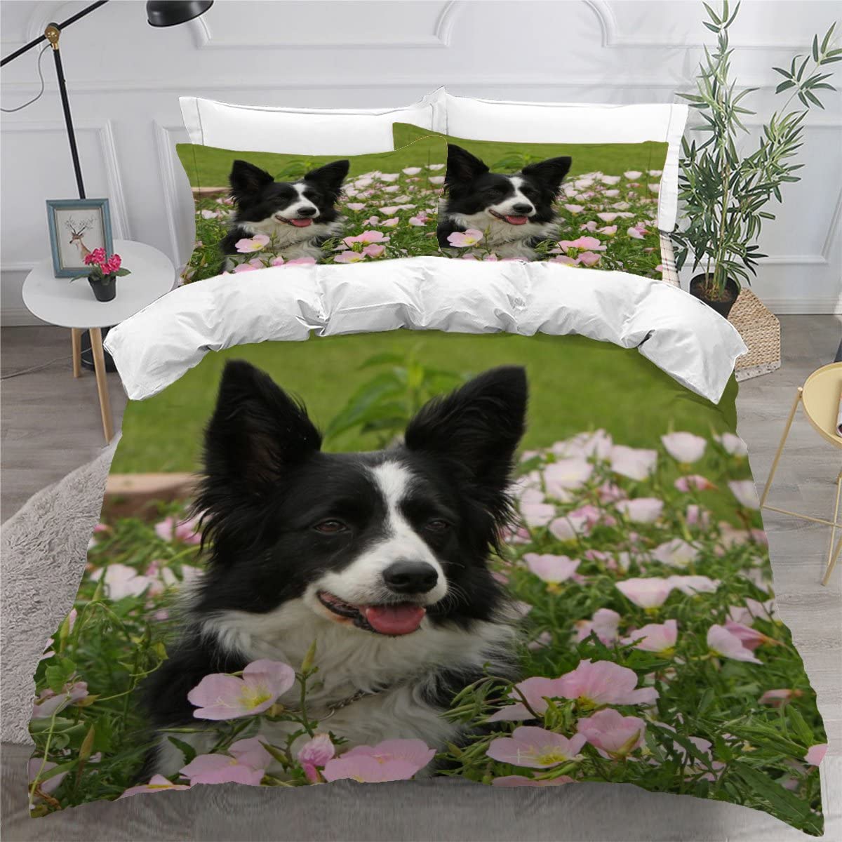 Small Double Duvet Cover Set and Pillowcases Border Collie pink flowers Dog Bedding Soft Microfiber Double Size Bedding Set with Zipper Closure Bedding 3 Pieces — image 1
