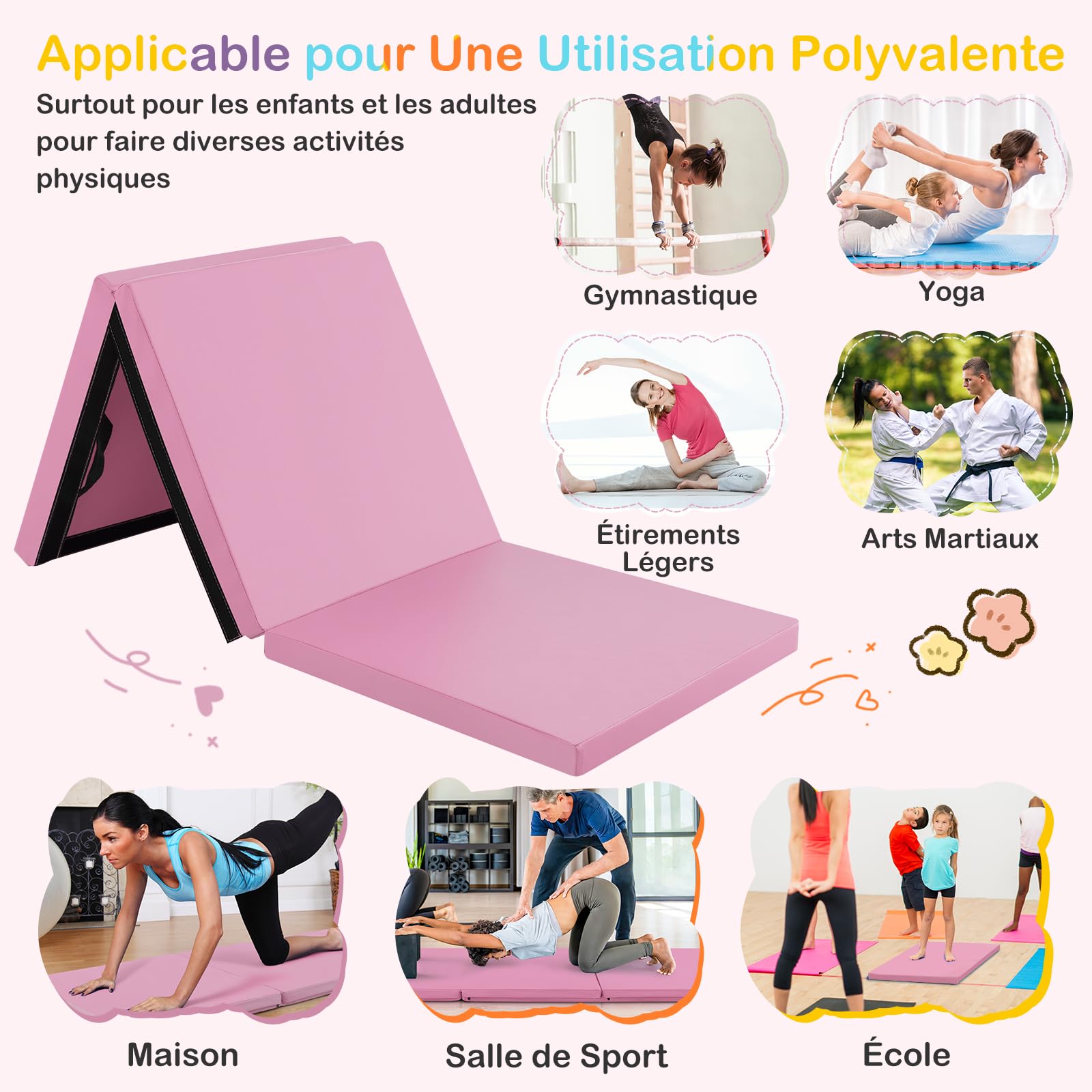 GOPLUS Tapis de Gymnastique Epais Pliable, 180x60x5 CM, 3 Plis&Poignée de Transporter, Tapis Gym avec Surface en Pu, Crochet et Fermeture Auto-agrippante Combinaisonable, Idéal pour Enfant, Adulte