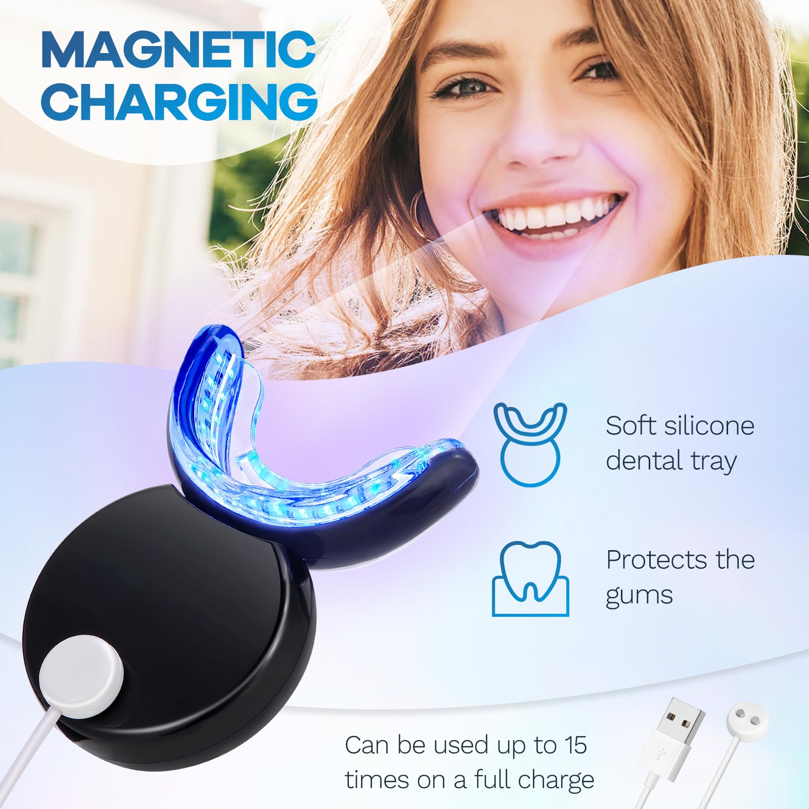 Kit Sbiancante Denti, LED Sbiancante Denti Professionale con 3pcs Gel Sbiancante per Denti, Ricarica Magnetica, Rimuovere Rapidamente Macchie Dei Denti, Kit Per La Cura Dentistica Domestica