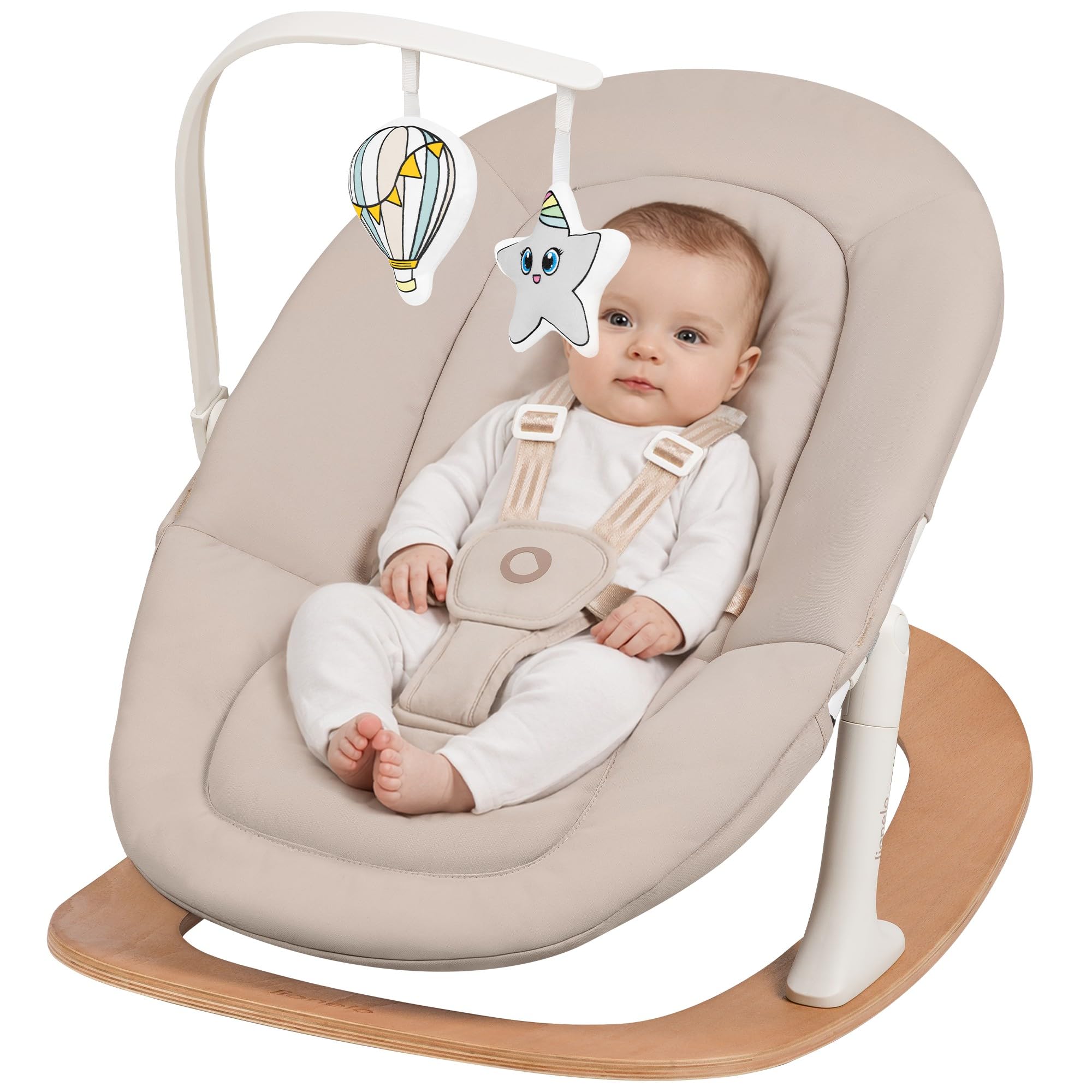 Lionelo Celia Rocker Hamaca Bebé para Recién Nacido, Balancín Bebé sin Mecanismo, Arnés de 5 Puntos, Respaldo Regulable 2 Posiciones, Base de Haya Firme, Funda Lavable, Barra con Juguetes, hasta 9 kg