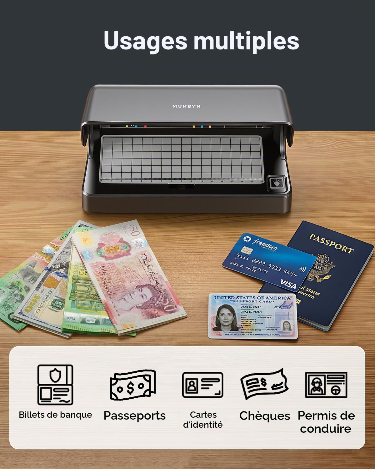 MUNBYN IMC26 Détecteur de faux billets euros portable, machine détecteur faux billets, UV & Lumière Blanche, Rechargeable USB-C, détecteur billet euros, Multi-Devises $/£/€ de Billets et Documents