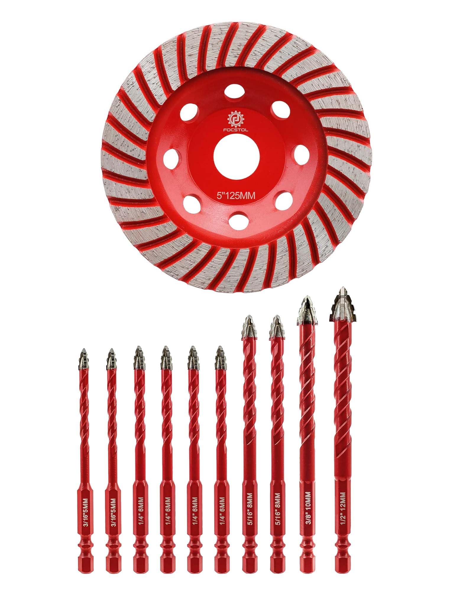 FOCSTOL Juego Brocas Seco 10 piezas 5/6/8/10/12mm Juego Brocas Carburo con Cambio Rápido Mango Hexagonal y Muela de Copa Diamante 125mm Turbo Fila Disco Diamante de Lijar