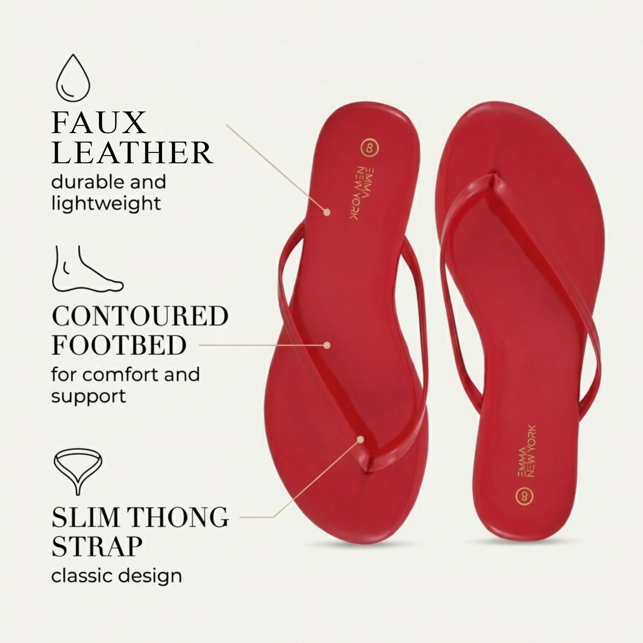 EMMA NEW YORK Flat Sandals for Women, Thong Flip Flops for Women, Cushioned Footbed, Slim Strap (Red Patent, 9)