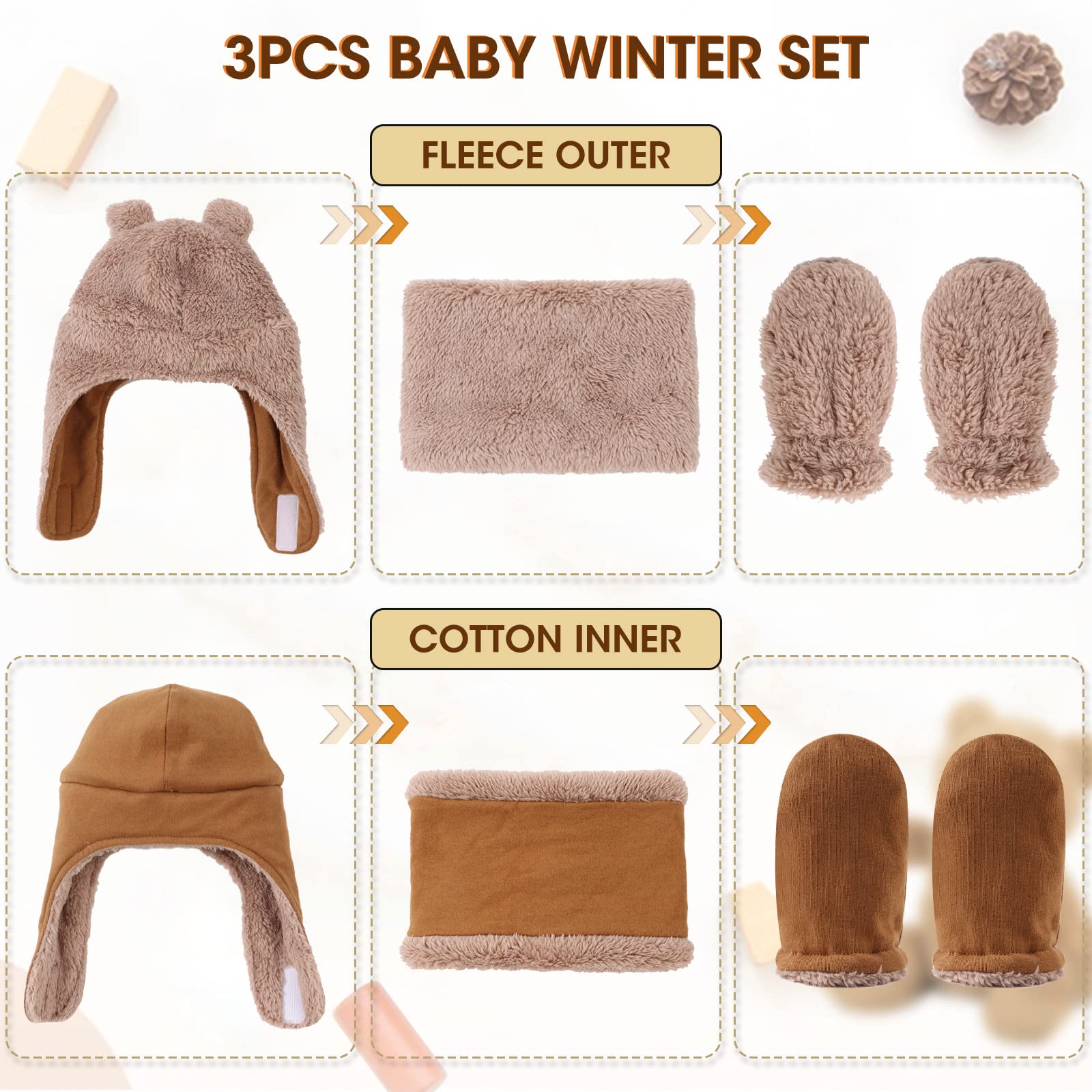 Fleece Baby Hat Scarf Mitten Set Winter Toddler Beanie Warm Mittens Infant Scarves Ears Earflap Hats for Baby Boys Girls