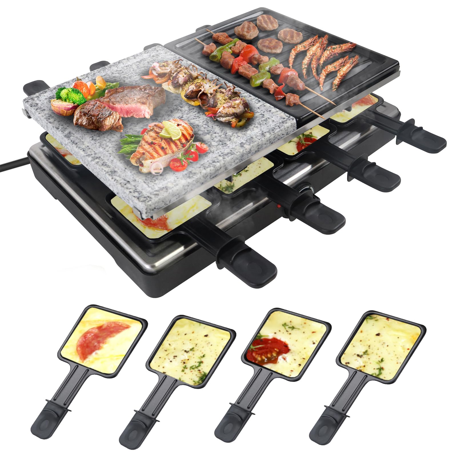 UISEBRT 1400W Raclette Grill für 8 Personen Elektrogrill mit Granitplatte & Grillplatte Antihaftbeschichtung Elektrisch Grillpfanne Set Tischgrill für Weihnachten Party Camping