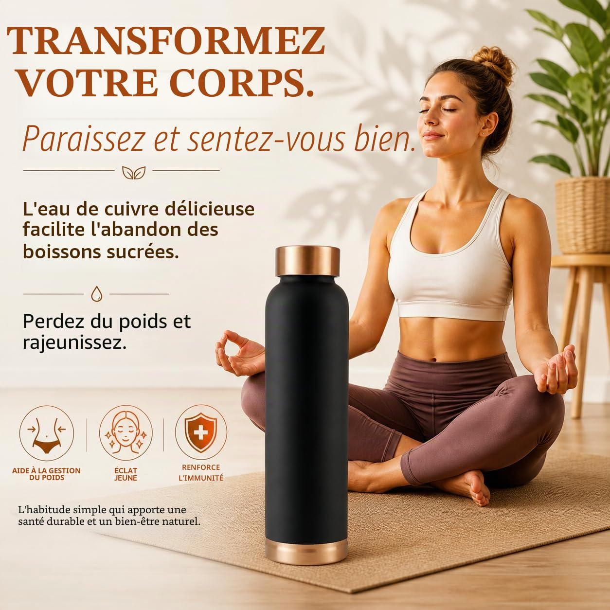 Bouteille d'eau en cuivre pur Fabriquée à la main - Bienfaits ayurvédiques pour la santé - 33 OZ Facile à transporter pour le sport, l'école - Finition mate noir de jais en émail vintage.