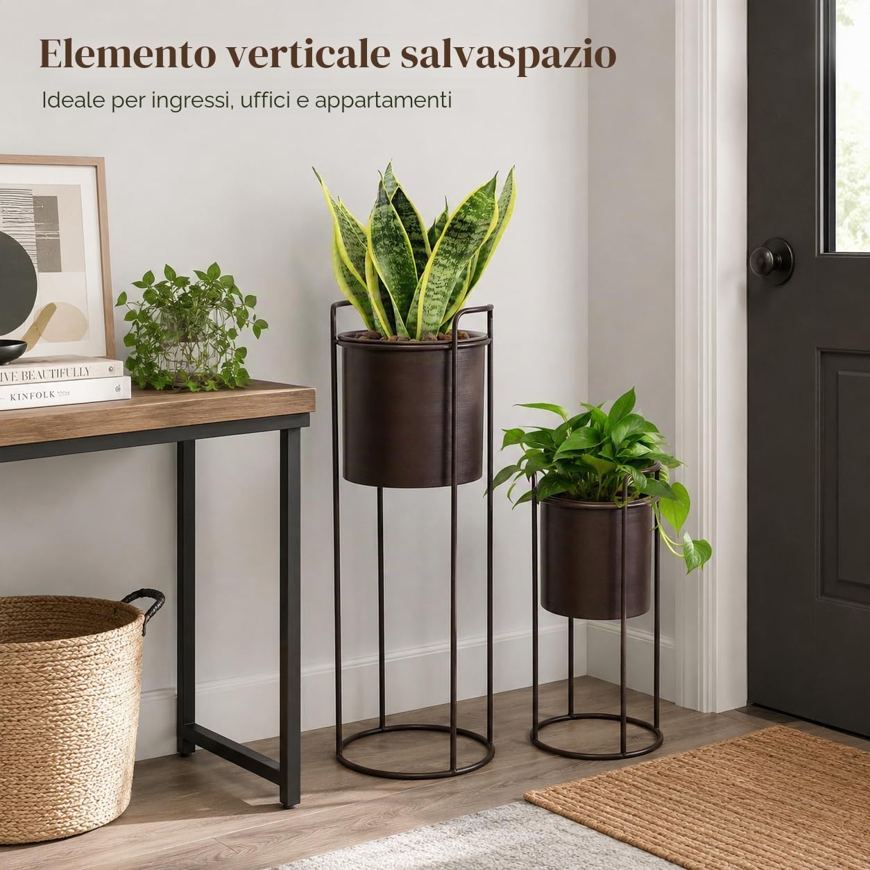 TRIROCKS Set di 2 fioriere con supporto, grande fioriera in metallo per piante da interno, alte 28 e 18 pollici, vasi per piante per soggiorno, angolo cucina, ufficio, giardino, balcone, patio