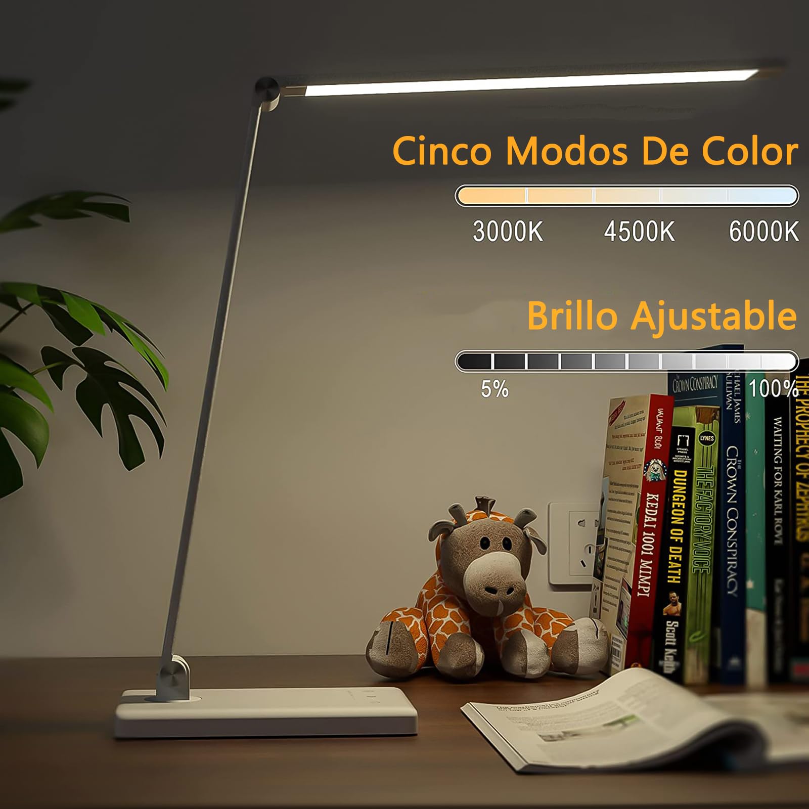 Lámpara Escritorio LED,5 * 10 Modos de Brillo con 52 SMD Leds Lámparas Mesa USB Recargable,2000mAh Plegable Flexo de Escritorio Control Táctil,Protege a ojos
