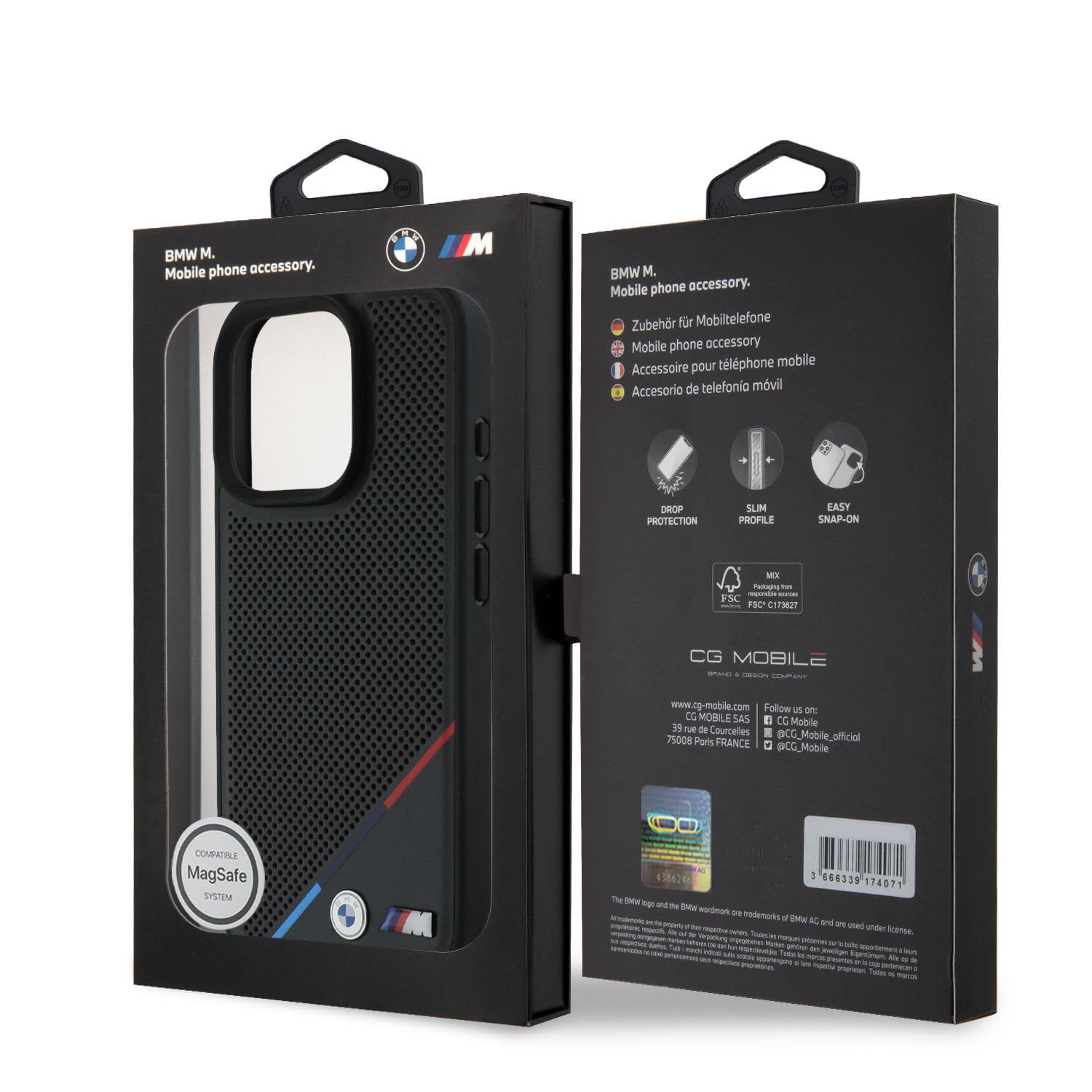 CG Mobile BMW HC M - Funda de teléfono diseñada para iPhone 16 Pro, Duradera, a Prueba de Golpes, Compatible con Magsafe, Funda de Poliuretano Perforada de línea Tricolor, Color Negro