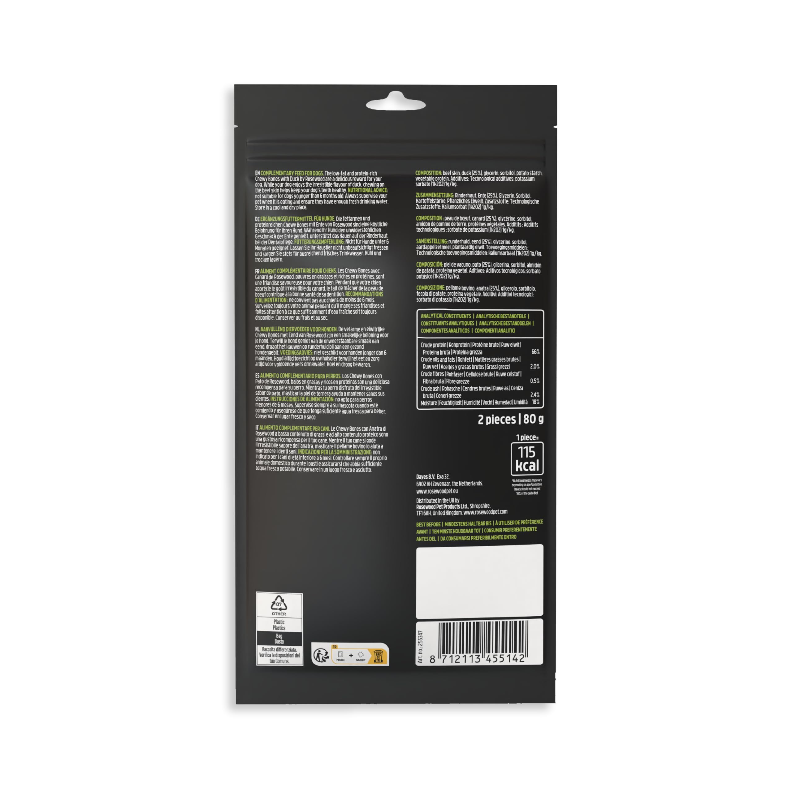 Rosewood Chewy Bones Canard Medium – Friandise à mâcher pour Chien, Peau de bœuf avec Canard, Aide aux Soins dentaires, sans additifs artificiels, 80 g