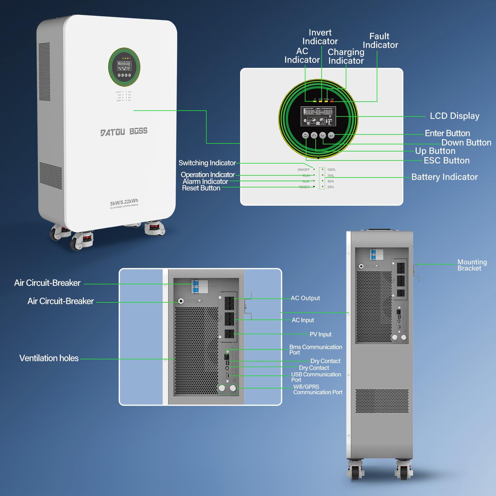 DATOUBOSS Batterie Lithium LiFePO4 Tout-en-Un 48V 102Ah 5,22kWh avec Onduleur Hybride 5000W 48V, Livré avec Module WiFi, 6000+ Cycles, Système de Stockage d’Énergie Solaire à Domicile Plug & Play