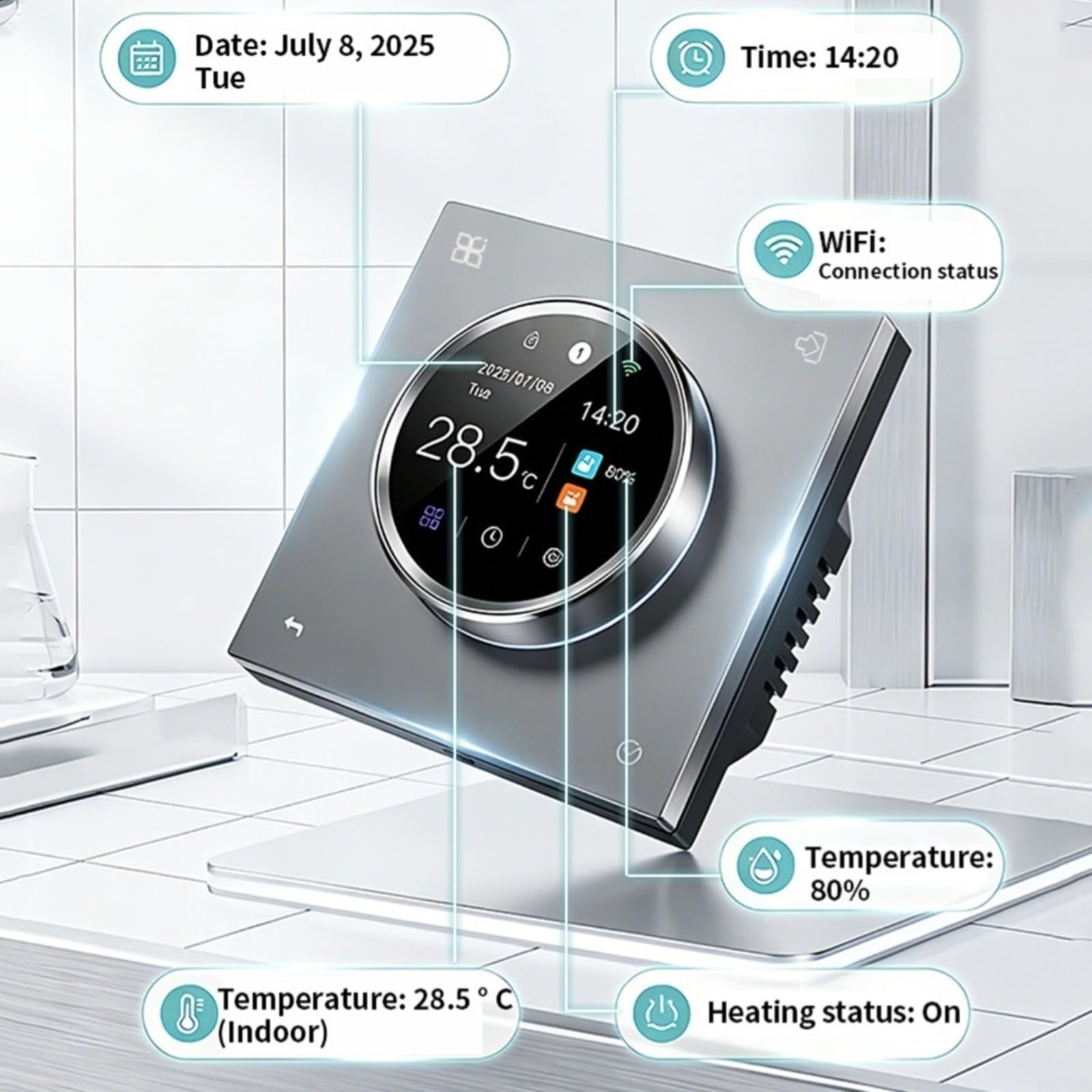 WiFi Smart Termostato Display TFT manopola 8.6x8.6x4.1CM Grigio | Termostato tutto in uno, display TFT colorato, supporto in 7 lingue, controllo, alloggiamento compatto in ABS