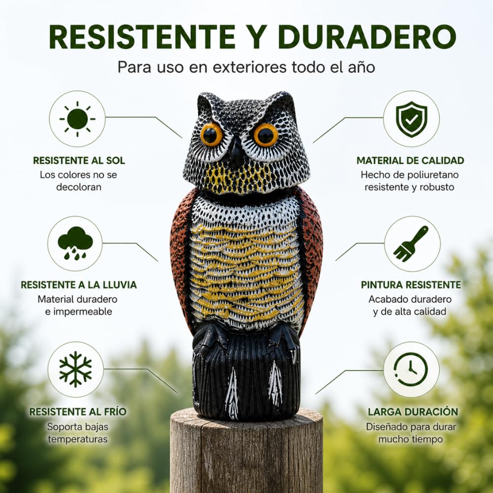 Remi Hogar Búho Espantapájaros Realista | Ahuyenta Palomas, gaviotas y Otras Aves urbanas | para Exteriores, Balcones, Jardines y Piscinas | Poliuretano | Respetuoso con el medioambiente y Fauna
