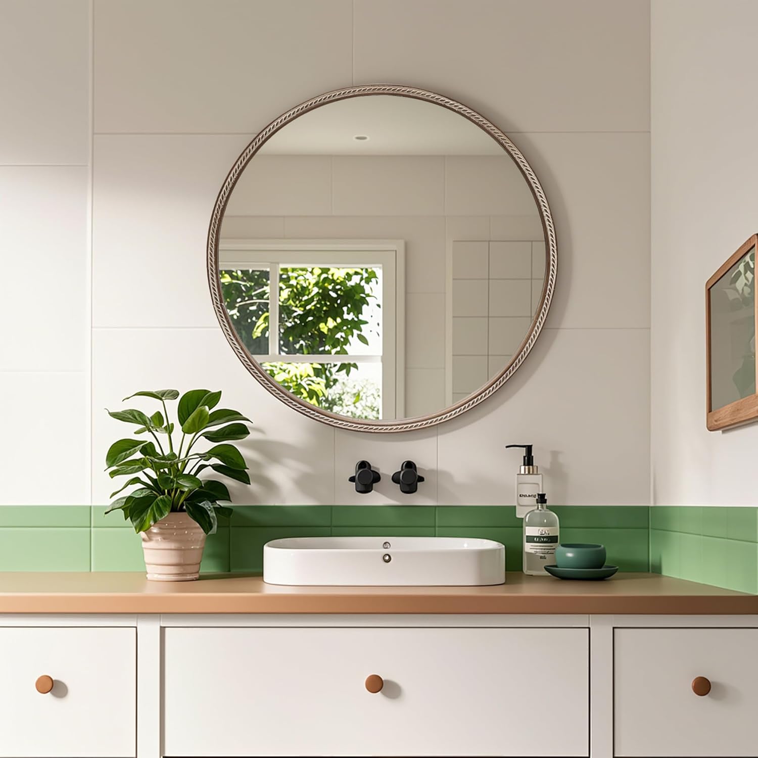 24" Moisture Proof Bathroom Storage, Multifunctional Organizer with Sliding Mirror, Practical Cabinet with 2-Tier Shelves for Vanity Area, Natural Wood