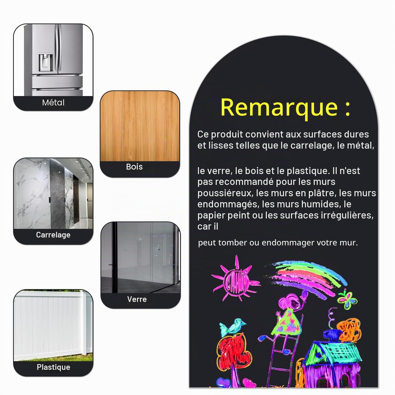 Tableau Noir Magnétique Autoadhésif 80 x 40 cm – Feuille Murale Effaçable avec Surface Magnétique, Design Arche, Inclut Craies, Chiffon et Aimants – Maison, Bureau, École (Noir)