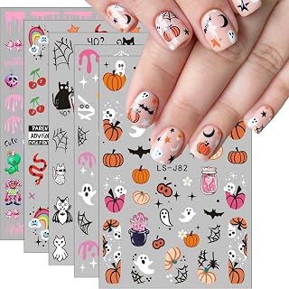 JMEOWIO 9 Sheets Halloween Nail Art Stickers Decals Self-Adhesive Pegatinas Uñas Horror Ghost Witchy Spider Web Bat Cat Pumpkin Spook Nail Supplies Nail Art Design Decoration Accessories