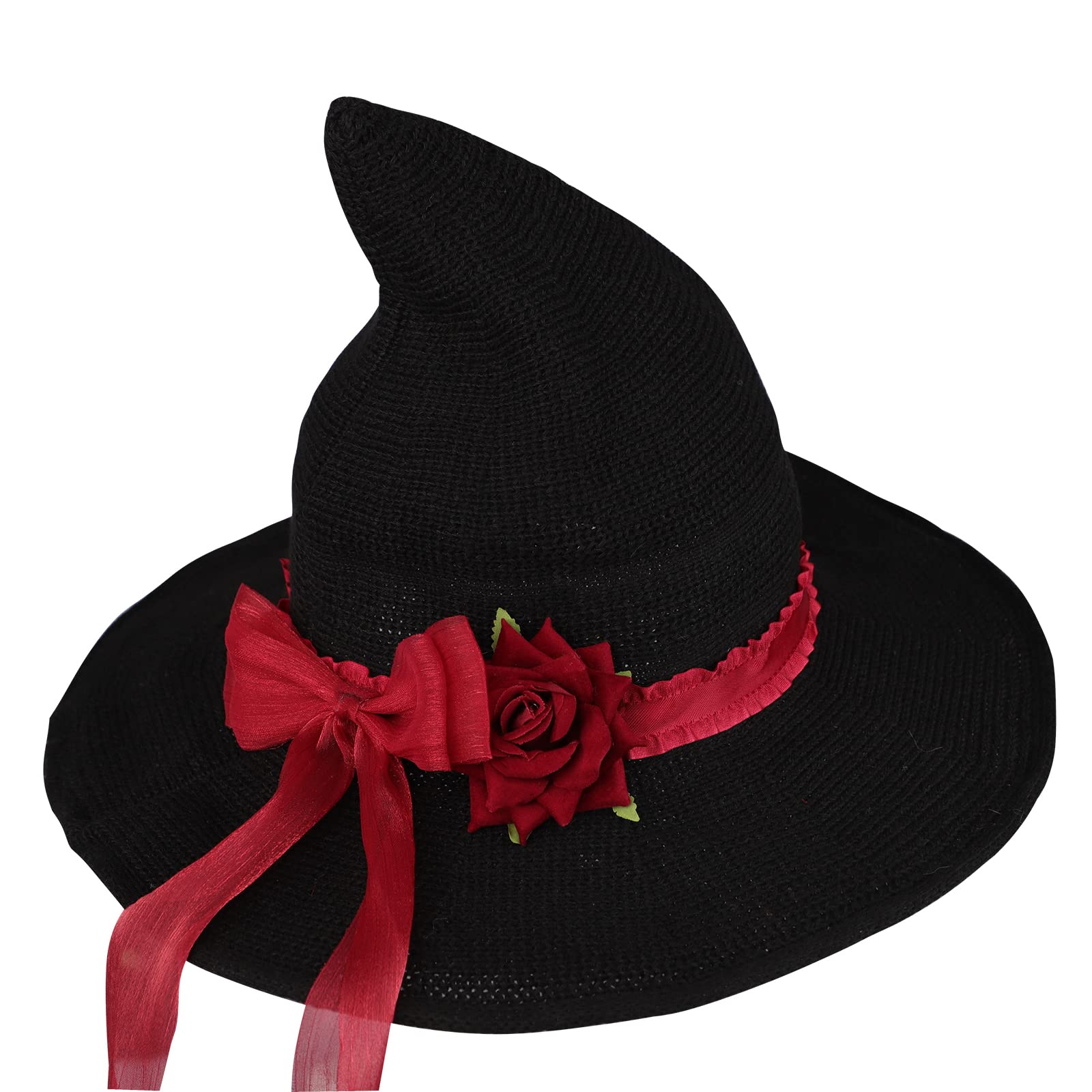 HKSICHENGKEJIUK Halloween Witch Hat With Rose Bow, Women Pointed Wide Brim Costume Accessory - Image 3