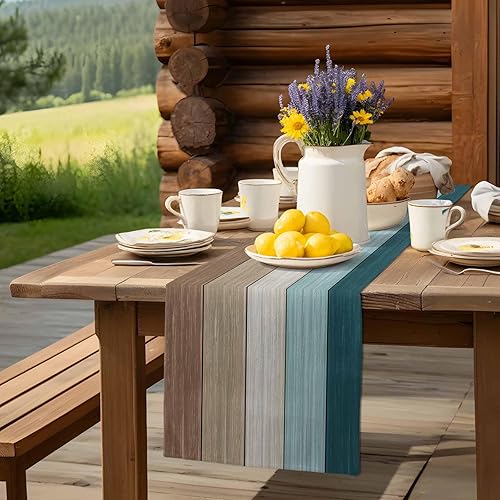 Miniatura 129 de Camino de mesa de algodón y lino estilo granja rústico retro, textura de madera de granero, color degradado marrón y gris, antideslizante,