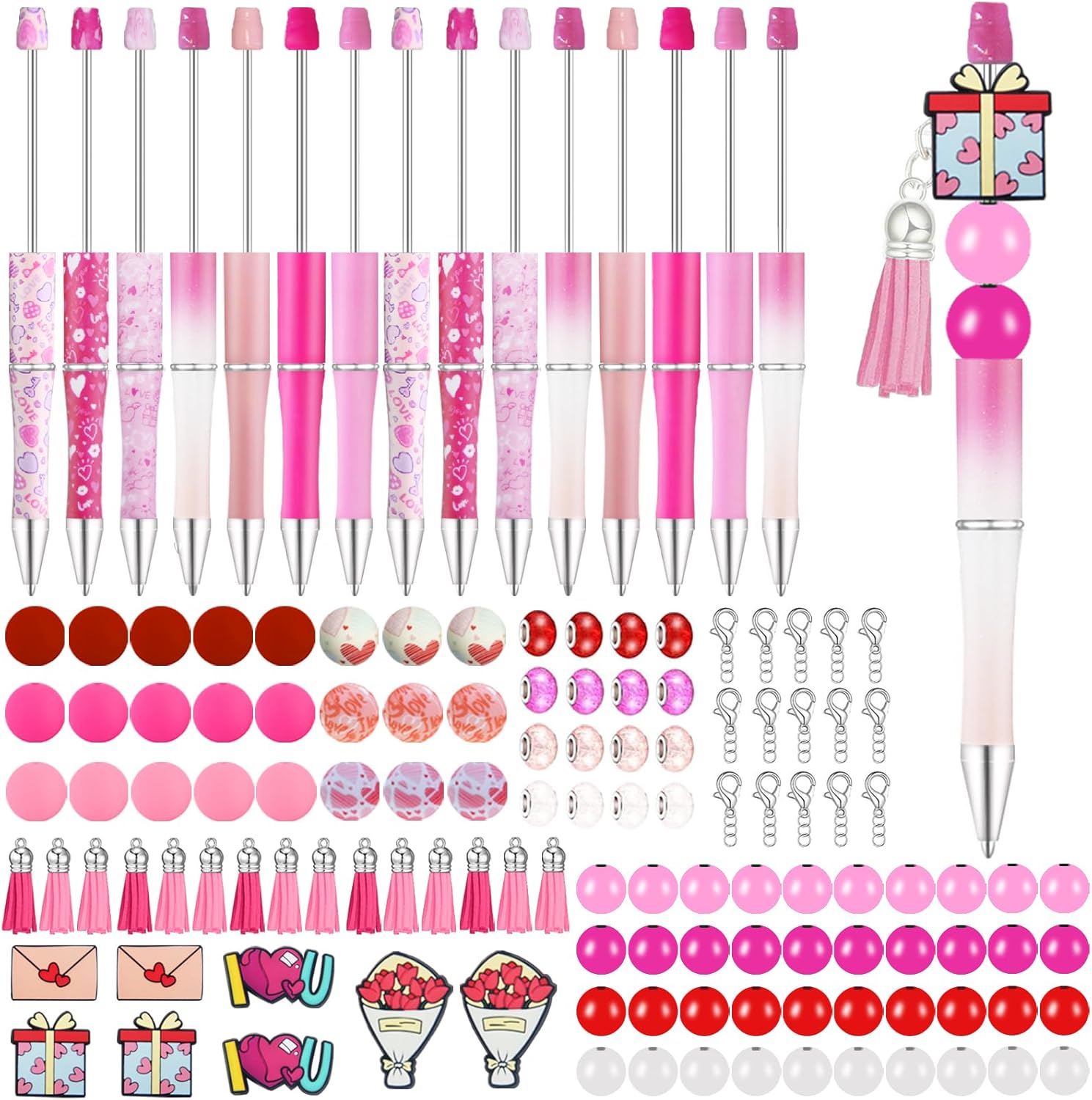 HEYUNG Valentine's Day Beadable Pens with 133PCS Pink Spacer Beads and Tassels Heart Beaded DIY Pens for Student School Office Supplies