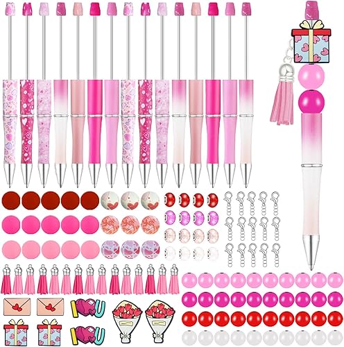 HEYUNG Bolígrafos con cuentas para el día de San Valentín con 133 cuentas espaciadoras rosas y borlas, bolígrafos de bricolaje con cuentas de