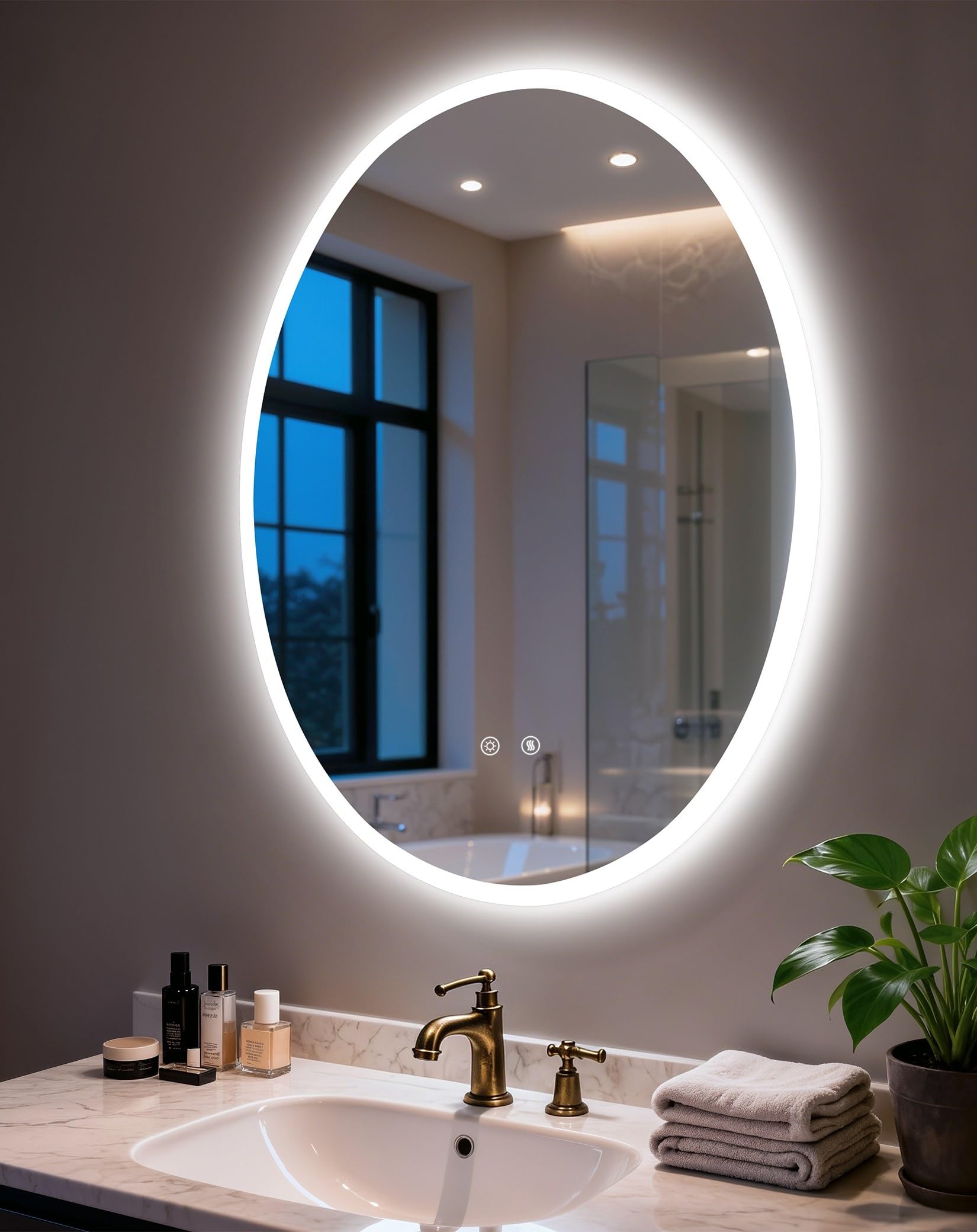 LUVODI LED-Badezimmerspiegel mit Hintergrundbeleuchtung: ovaler beleuchteter Kosmetikspiegel, 80 x 60 cm