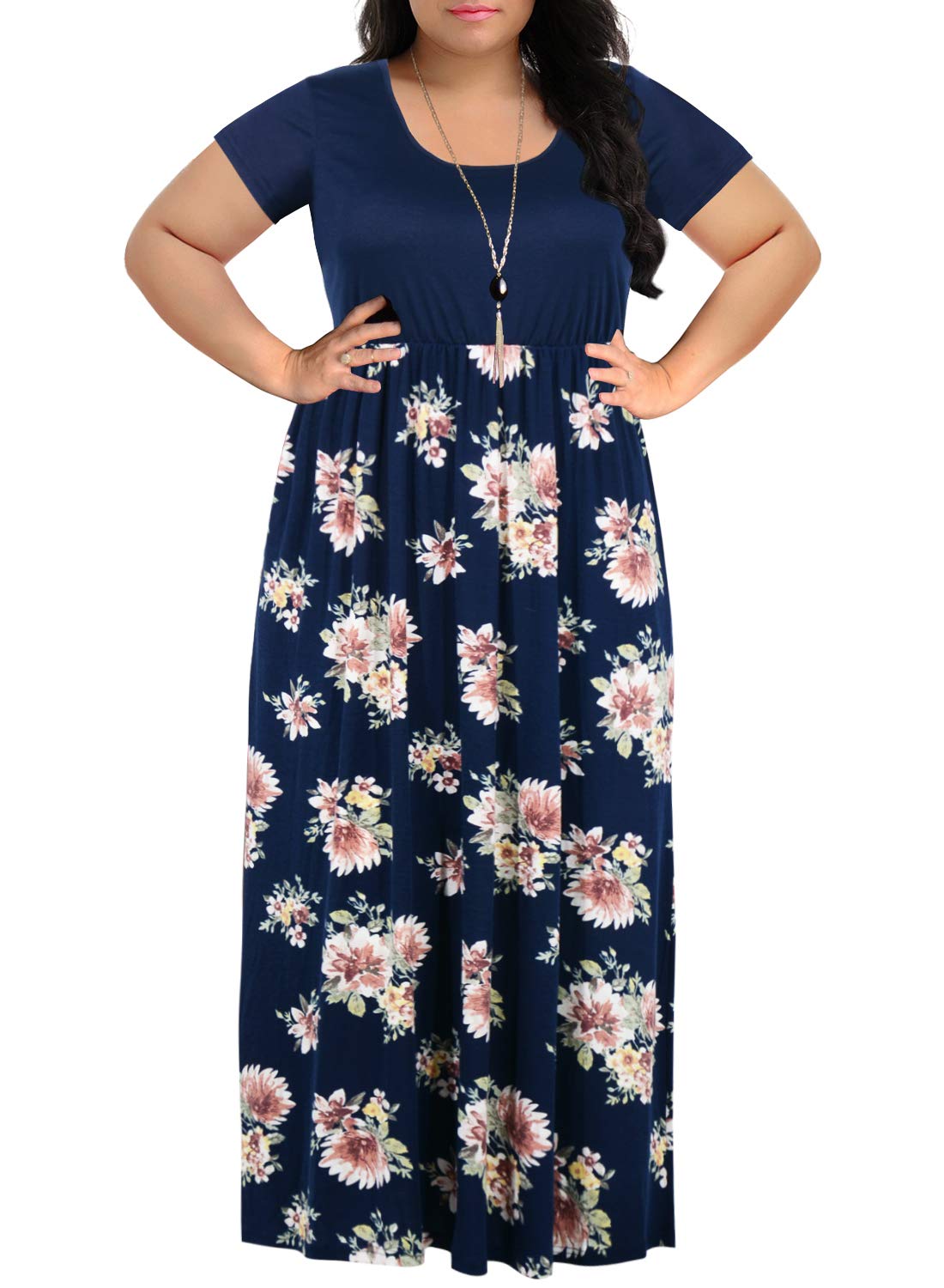 Nemidor Plus Size Maxi Dresses for Curvy Women Casual Short Sleeve Chevron Print Long Dress with Pocket 14-26