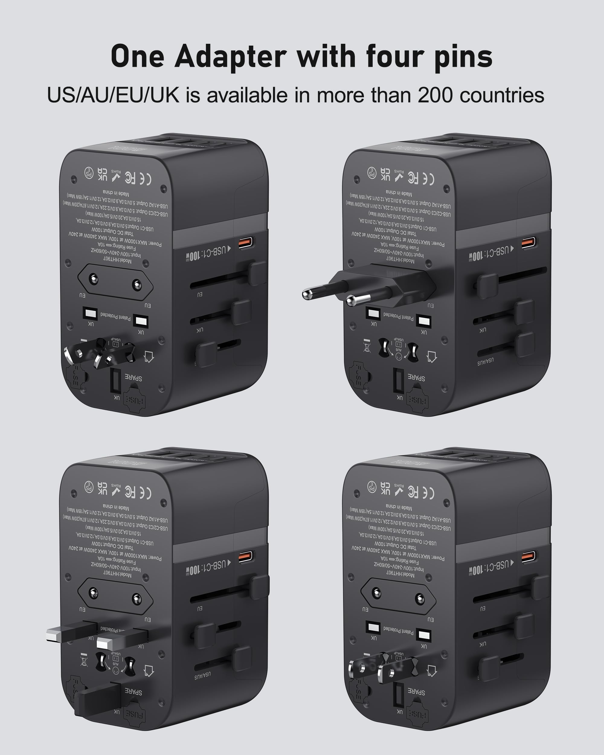 100W GaN Universal Travel Adapter International Power Adapter 5 USB 3 USB C Charging Ports European Travel Plug Adapter Worldwide