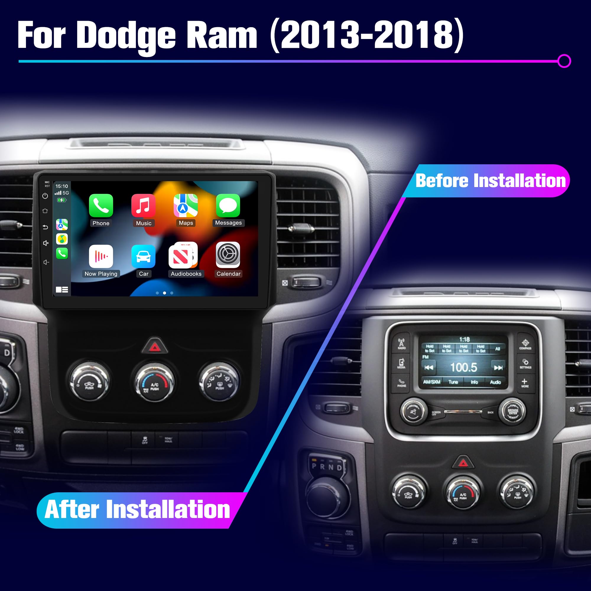 Radio for RAM 1500 2500 3500: 256G Car Stereo with Bluetooth AM FM Carplay Auto for Dodge Truck, 9