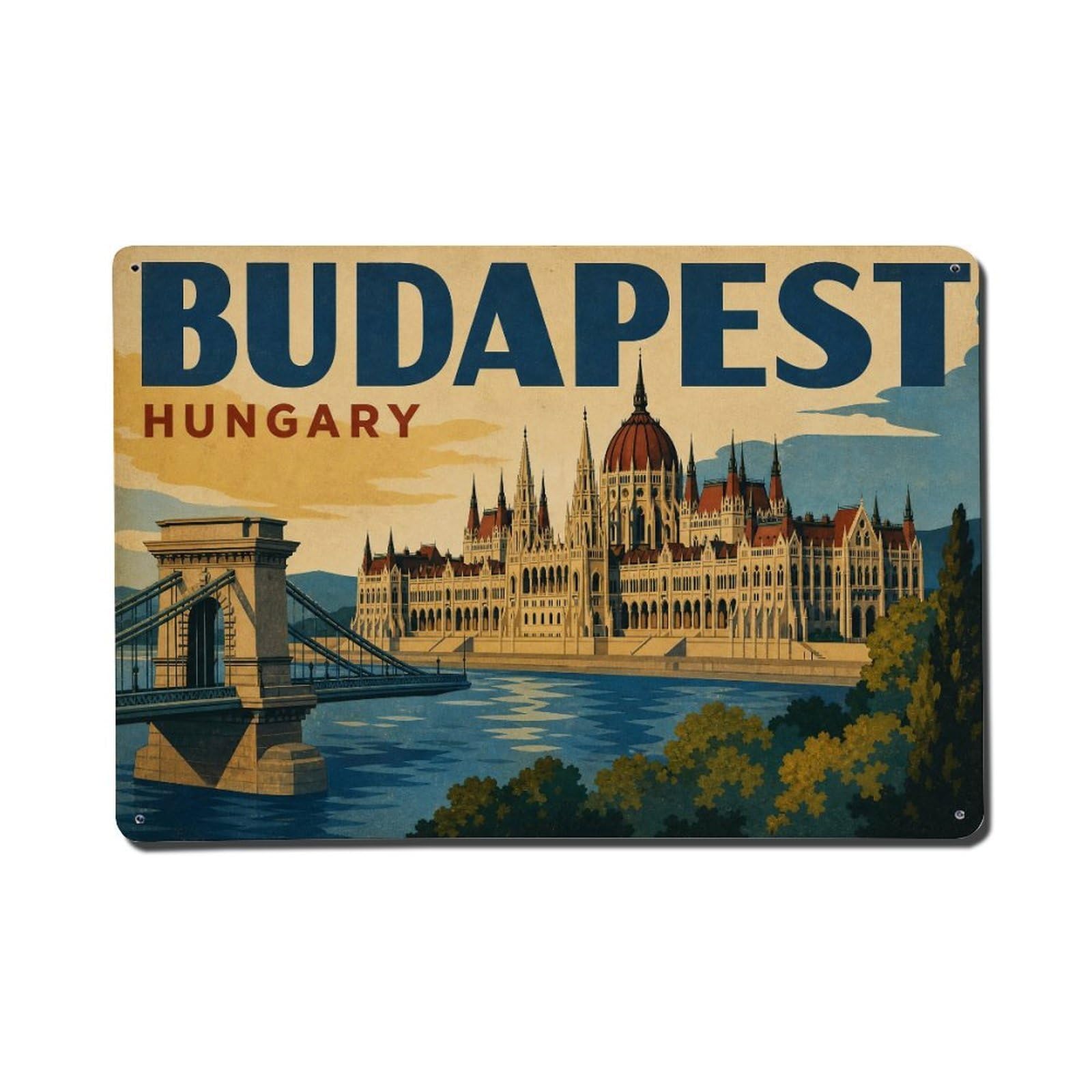 Retro Travel Hungary Budapest Metal Tin Sign Plaque Wall Decor for Cafe, Club Bar, Office, Garden Metal Poster 8x12Inch
