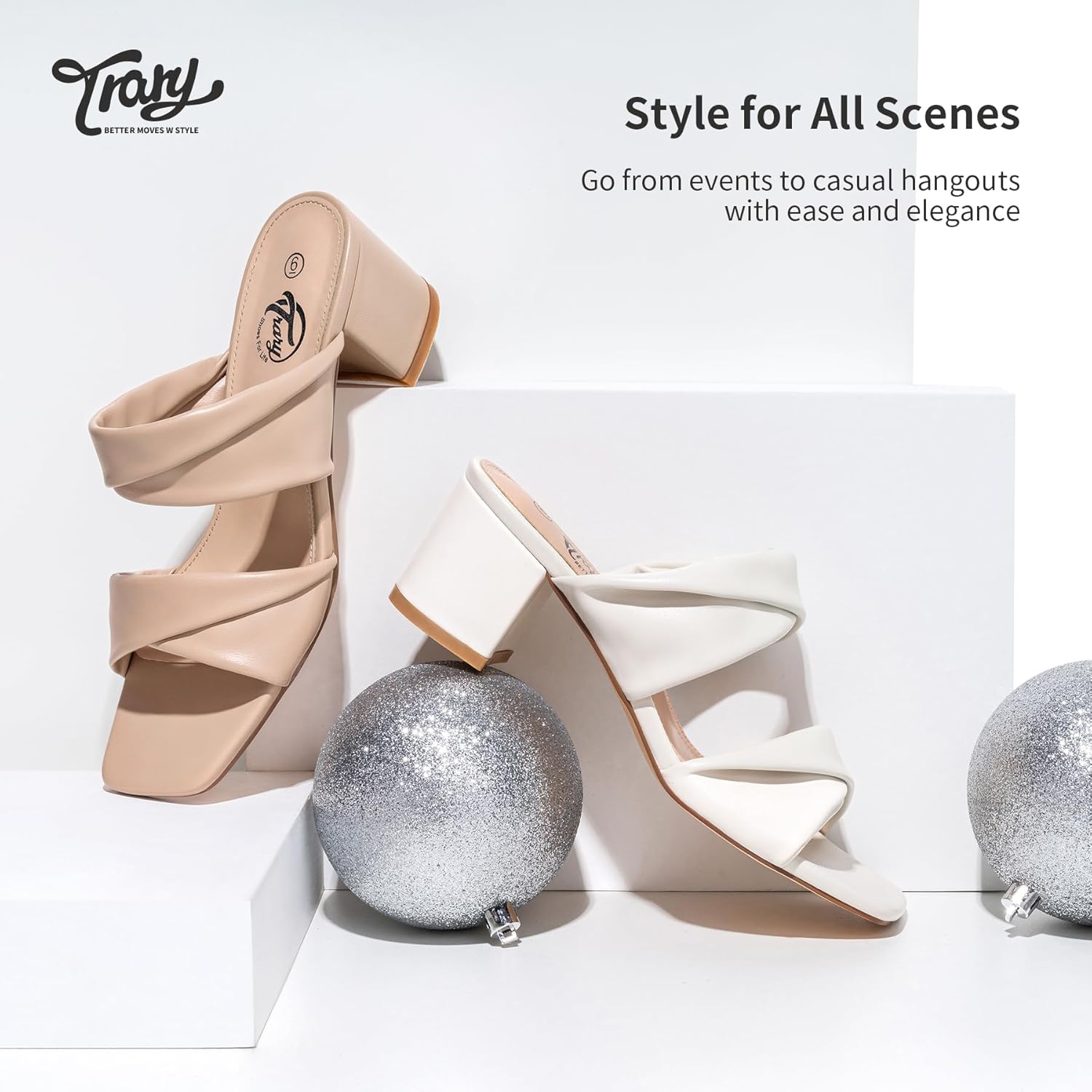 Trary Women's Sandals, Square Toe Heels Sandals, 2inch Black White Nude Chunky Block Heels Sandals - Image 6