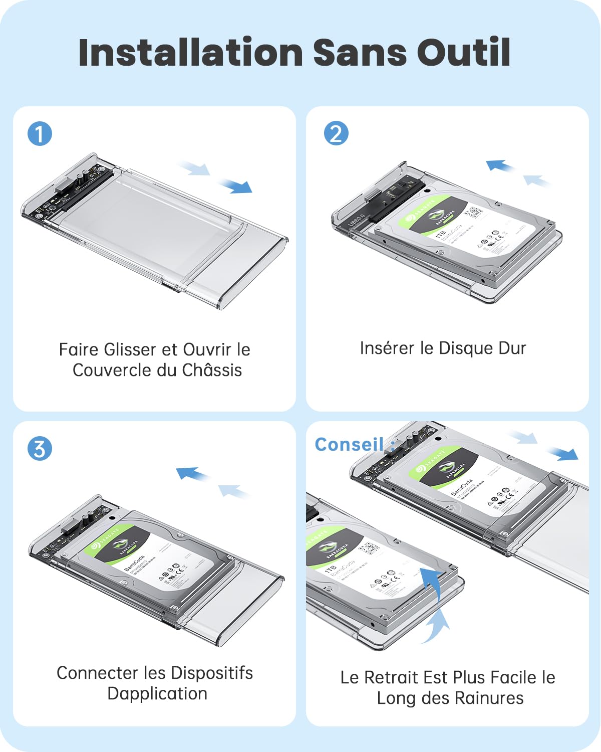 POSUGEAR Boîtier Disque Dur 2.5" USB 3.0 Externe 5Gbps SATA HDD SSD UASP Trim Sans Outils Transparent
