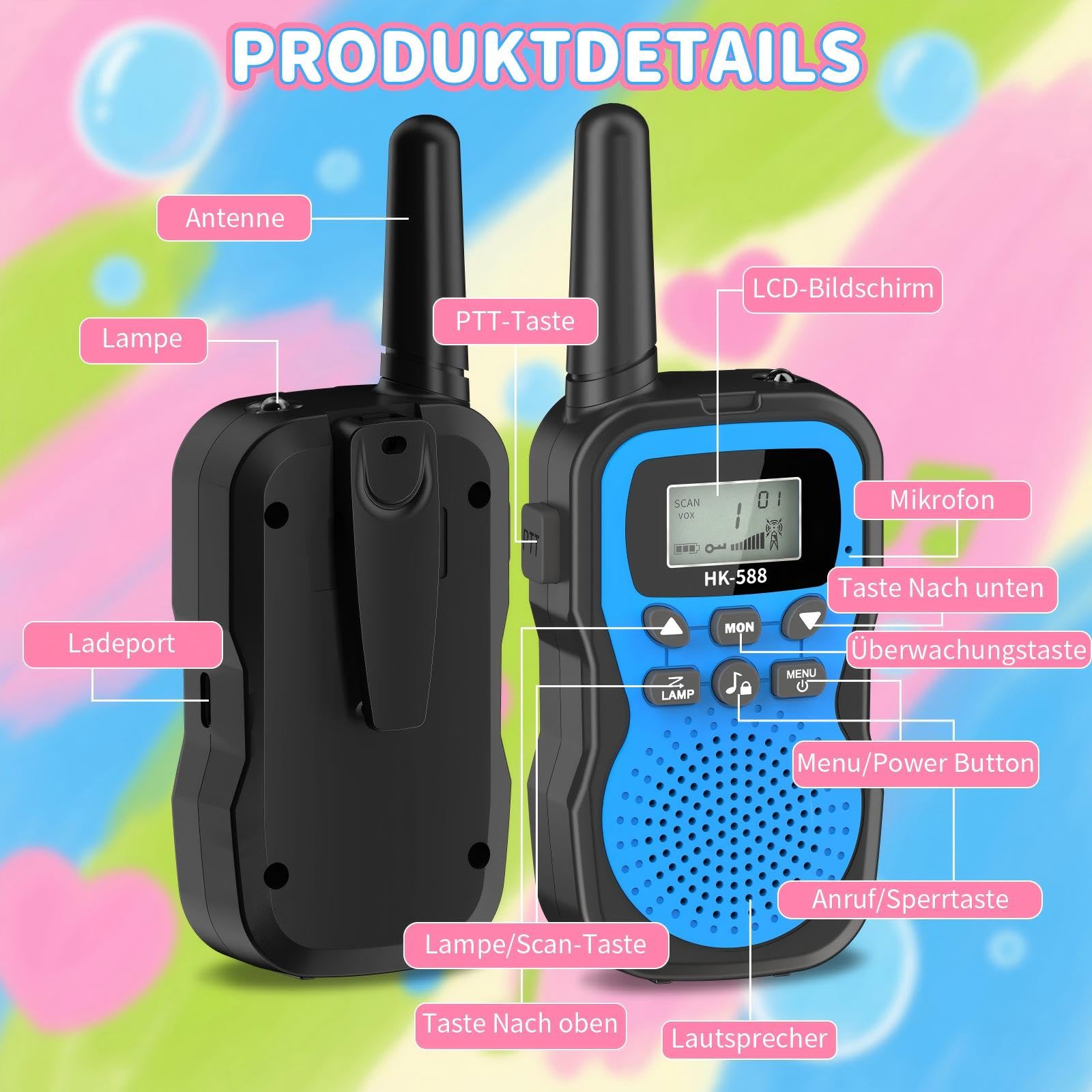 3er Set Walkie Talkie Kinder Aufladbar, 8 Kanäle, 48h Betrieb, Taschenlampe, 3 Kilometer Walkie Talkie Set，Geschenk für Jungen & Mädchen ab 3 Jahren – ideal für Camping, Spielplatz & Spielen