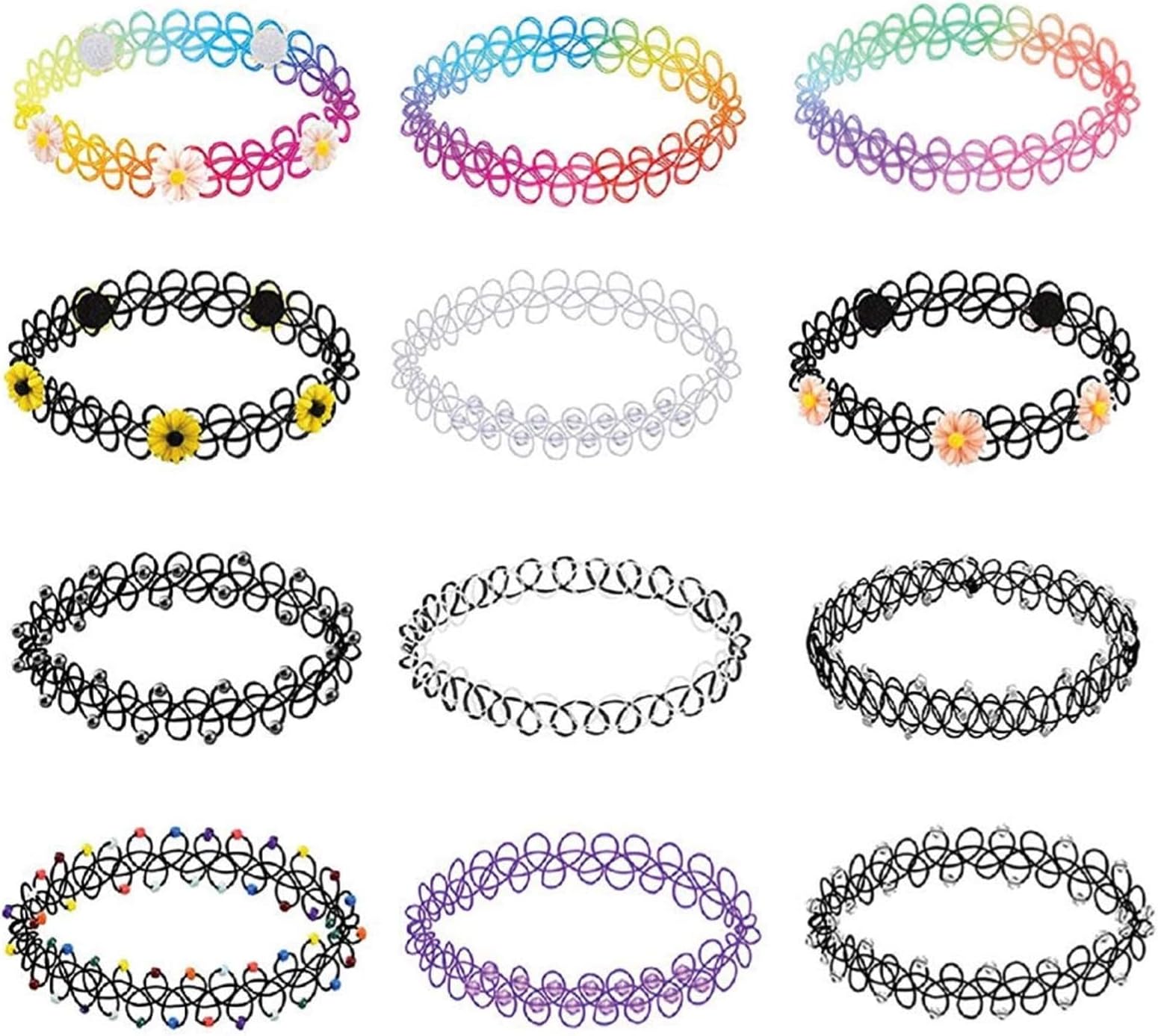 Alviller12Pcs Choker Necklace Set, Stretch Elastic Gothic Tattoo Lace Chokers Colorful Henna Choker Chain Jewelry for Women Girls